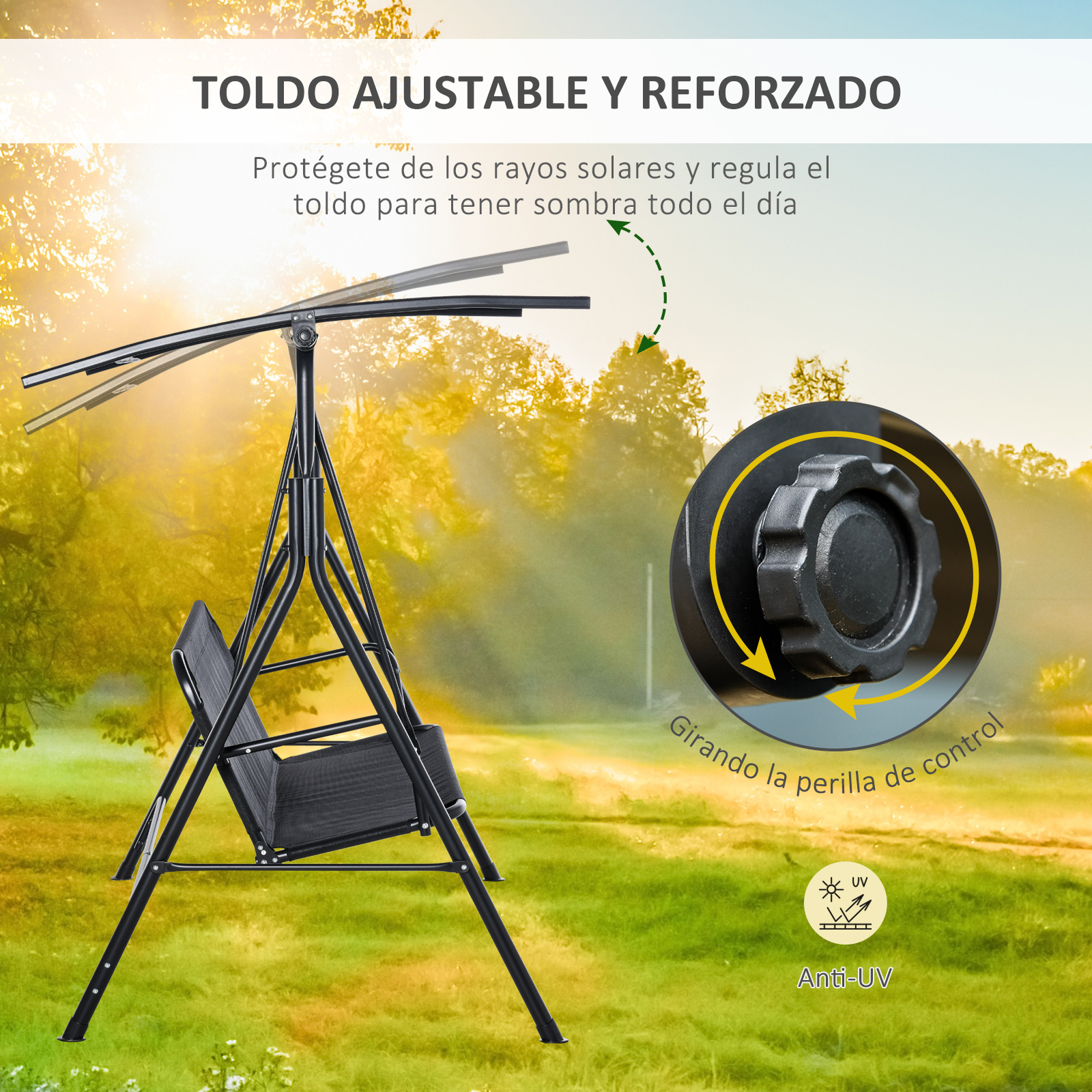 Un columpio negro con toldo ajustable al aire libre.