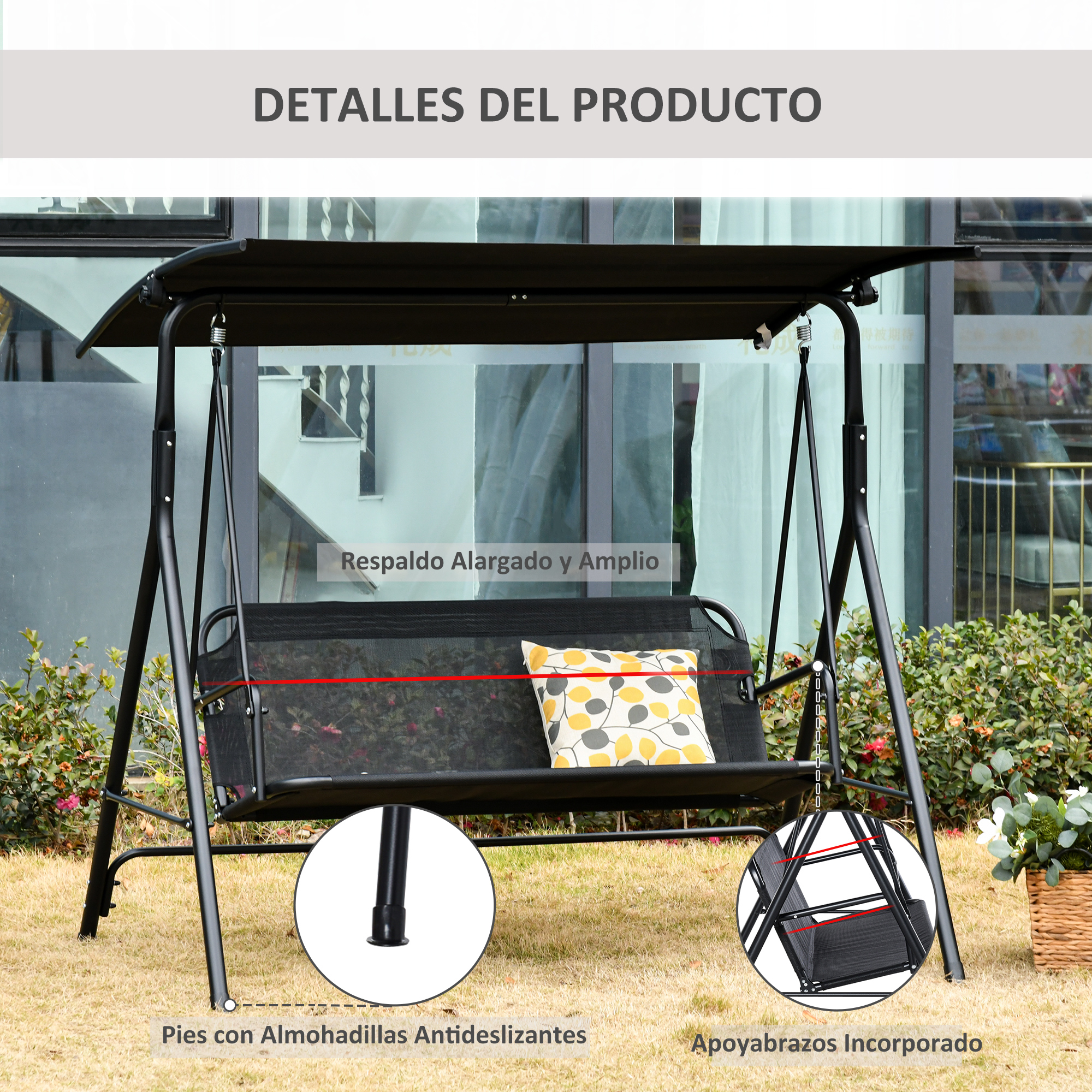 Un columpio negro con asiento acolchado y cojín, al aire libre.