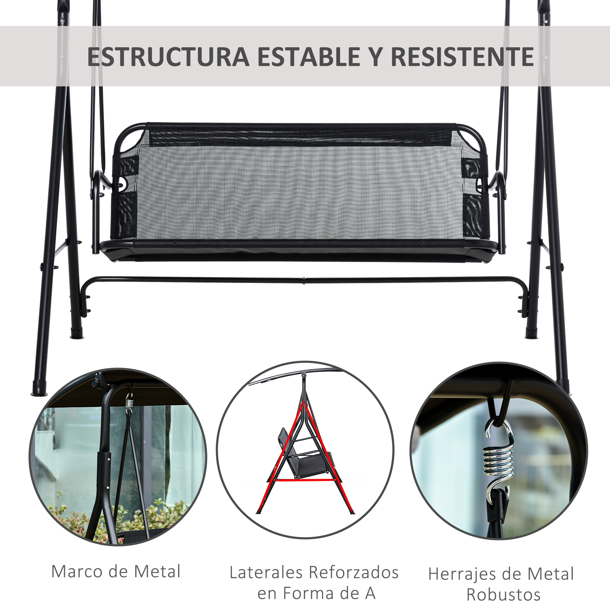 Un columpio negro con marco metálico estable y laterales en forma de A.