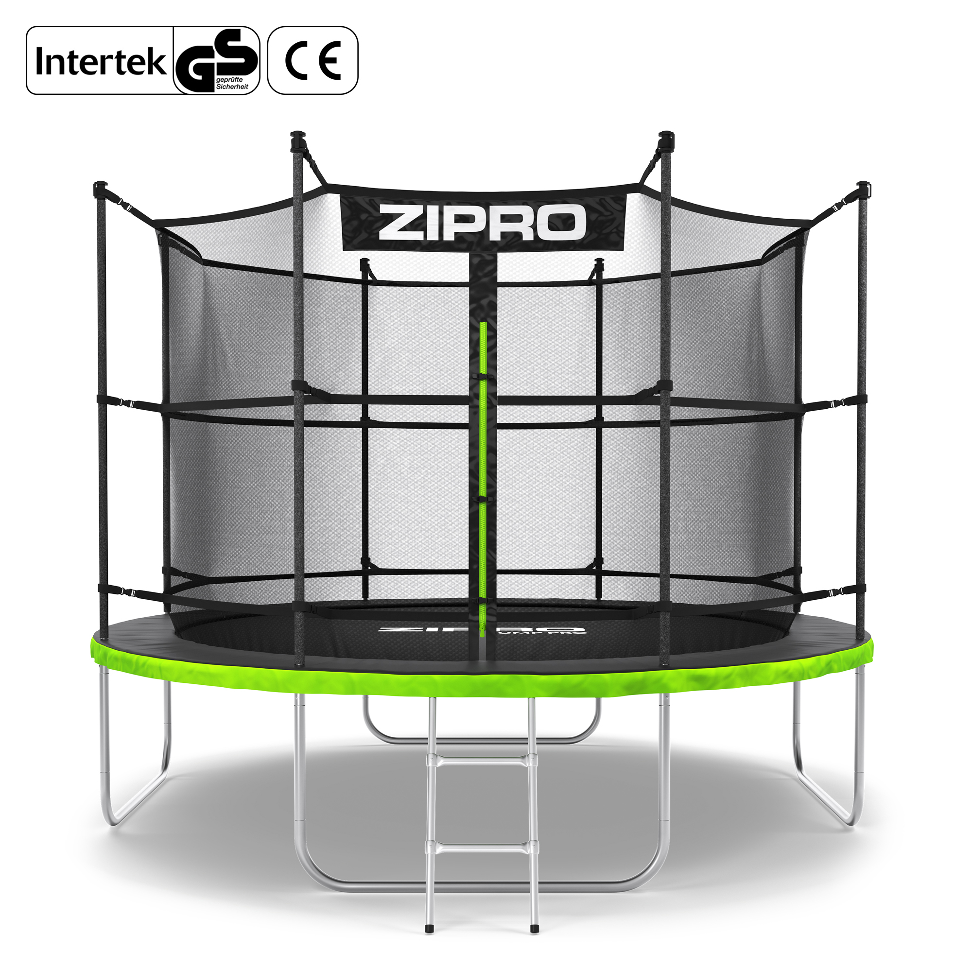 Un trampolín con red de seguridad, escalera y borde verde.