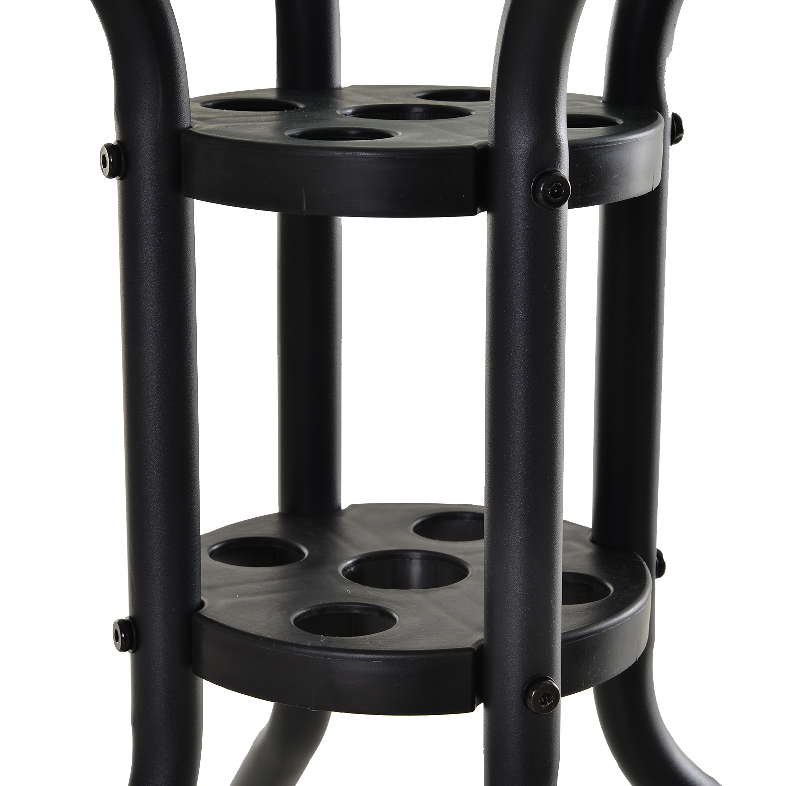 Soporte negro con dos estantes redondos con varios recortes circulares.