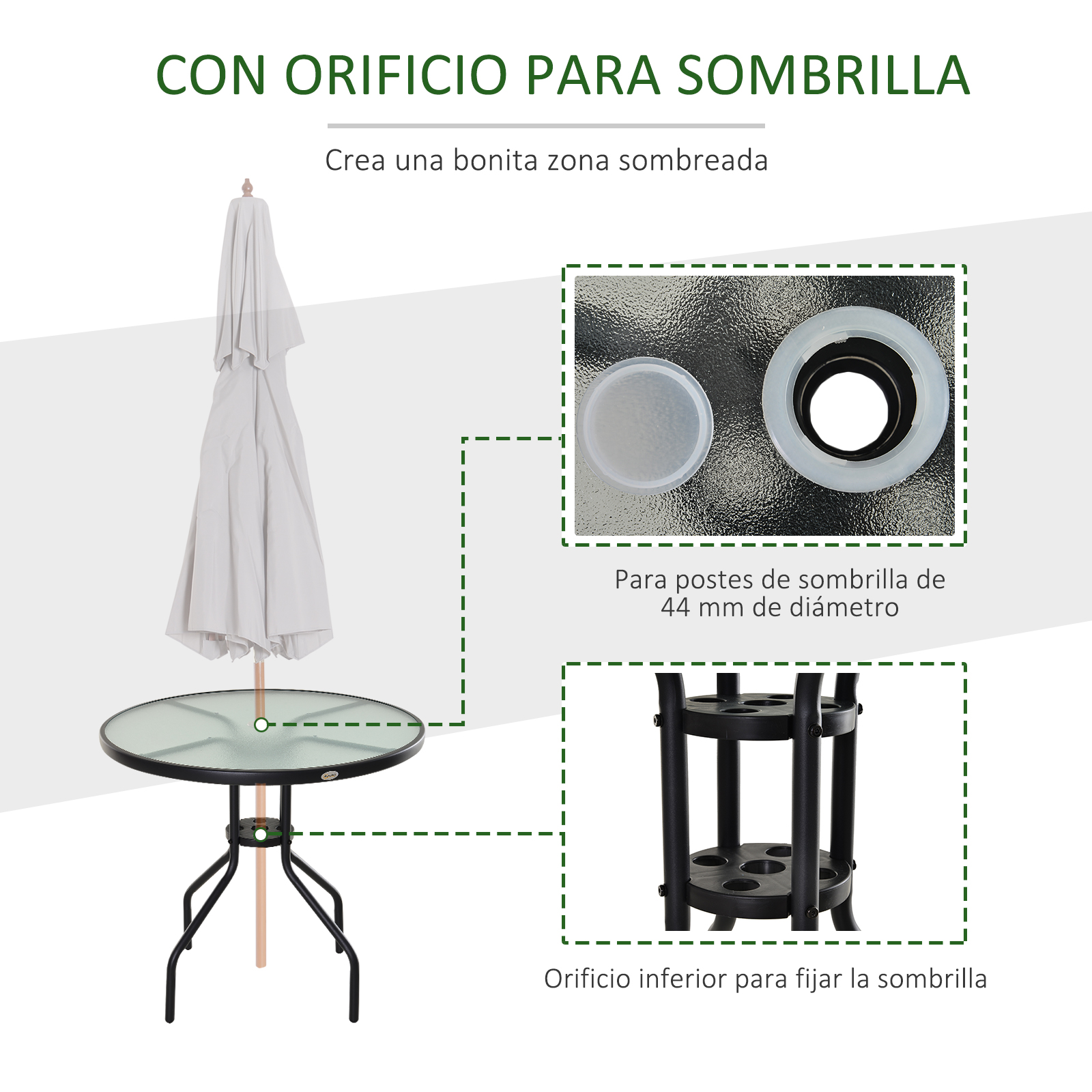 Una mesa redonda de cristal con marco negro y sombrilla blanca.