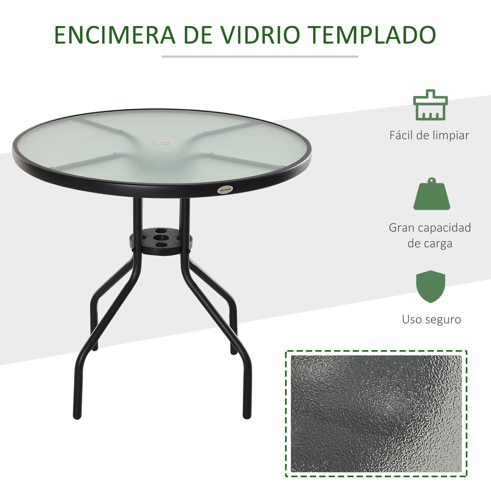 Mesa redonda de cristal con estructura de metal negro y tres patas.