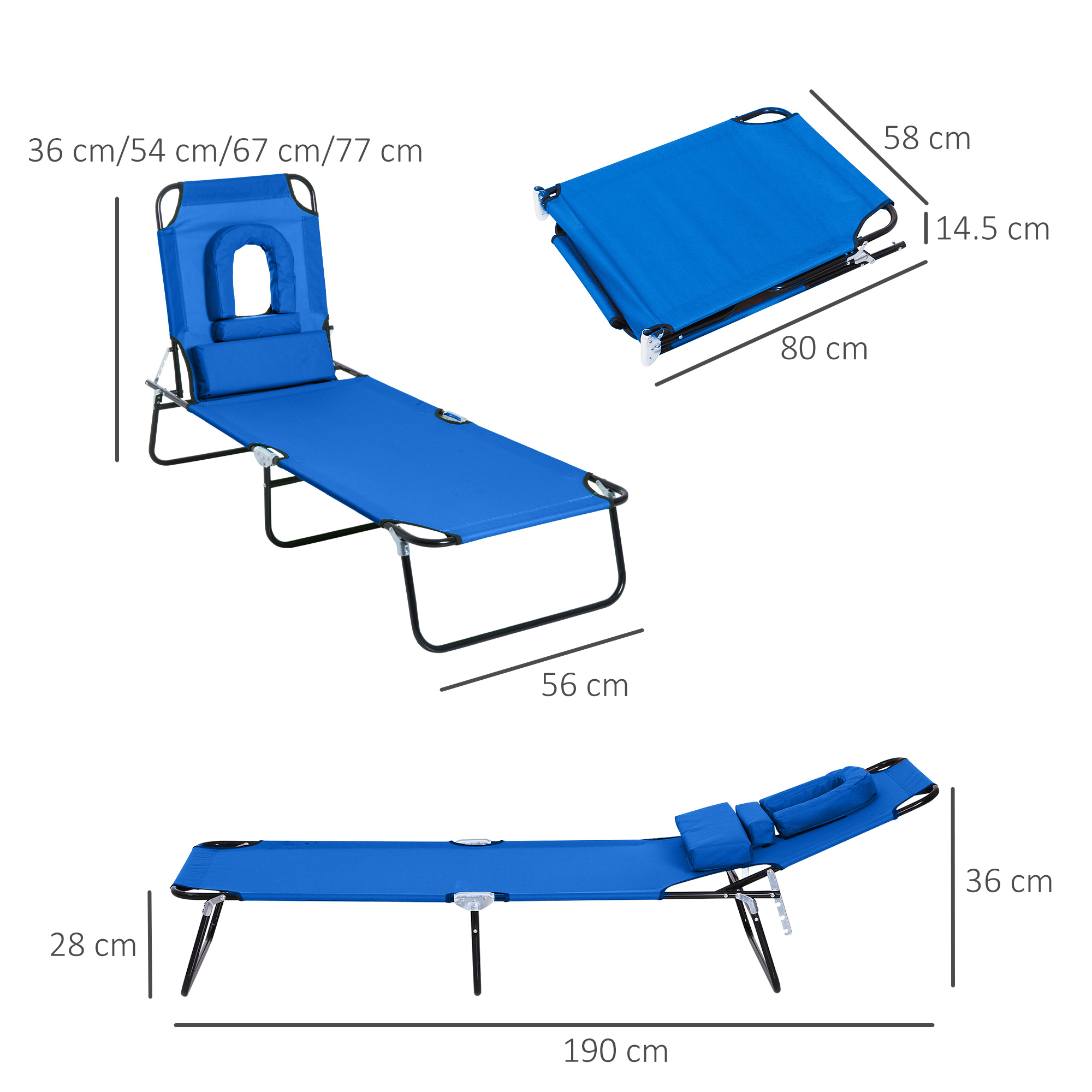 Tumbona plegable azul con cojines, dimensiones 190x56x28-77 cm.