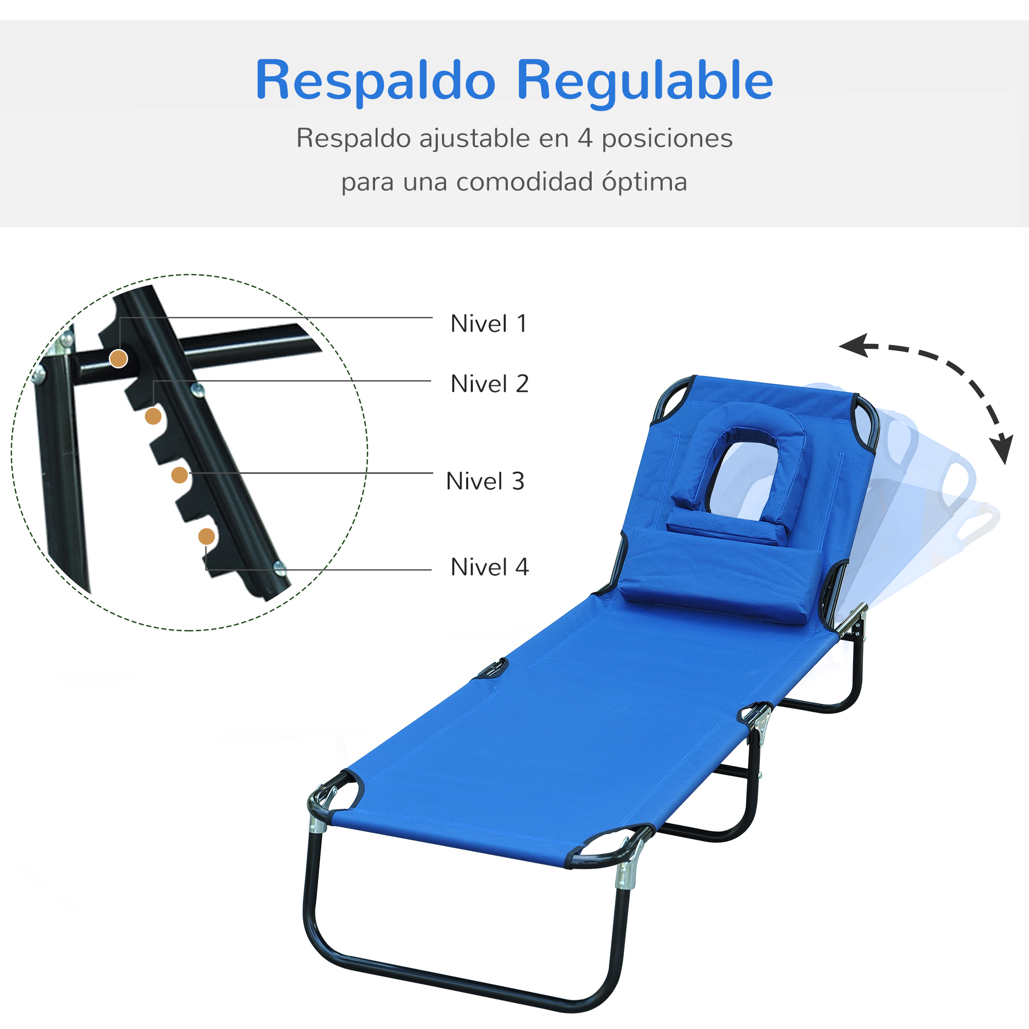 Tumbona azul con respaldo ajustable en 4 posiciones y reposacabezas.