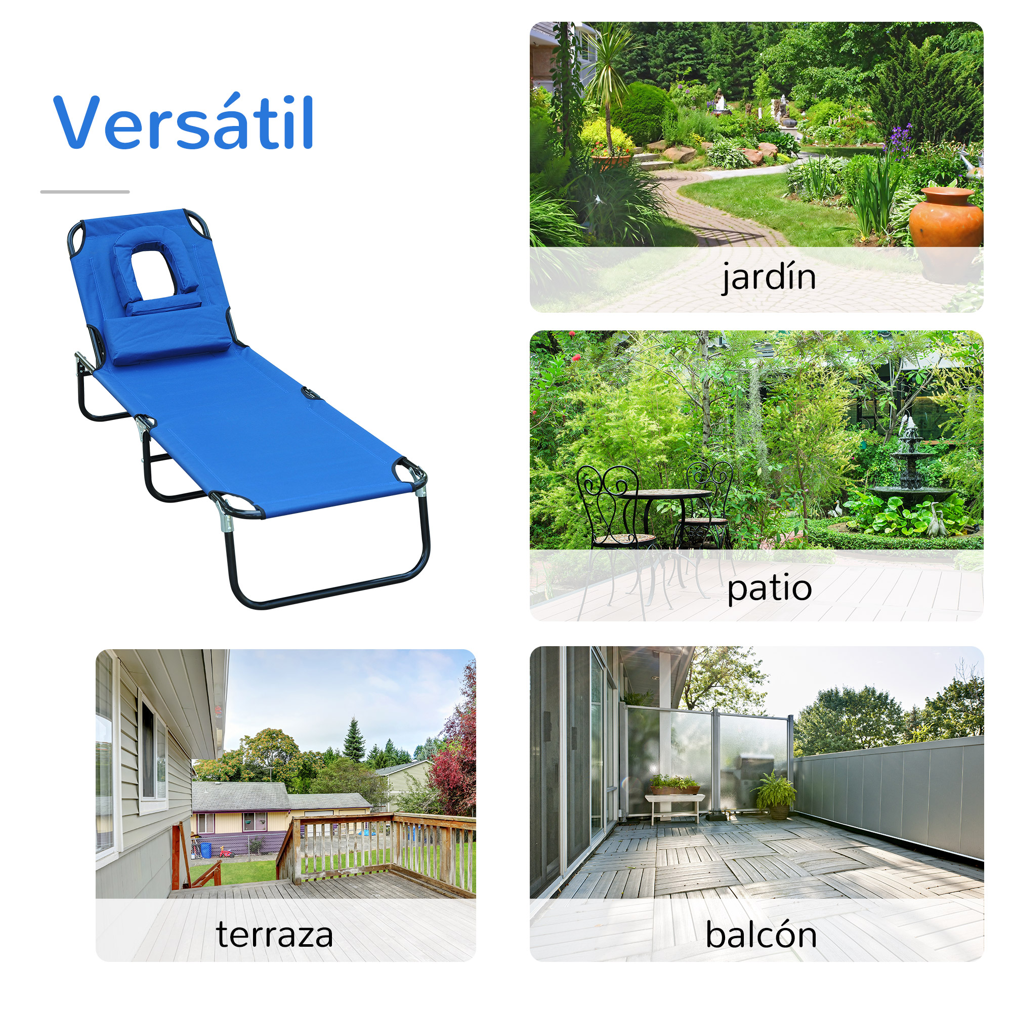 Tumbona azul, jardín, patio, balcón y una casa