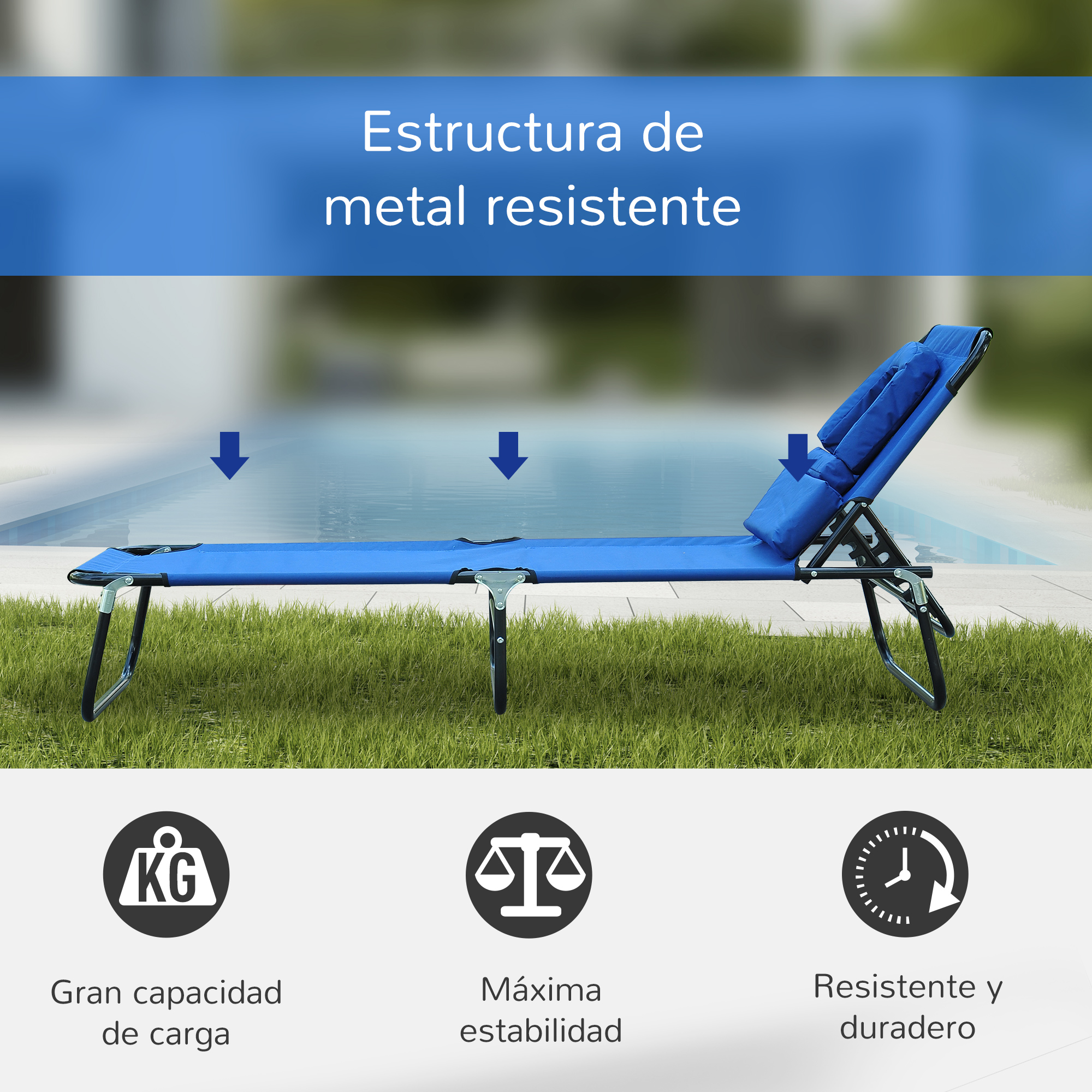 Tumbona azul junto a la piscina con texto sobre marco metálico y capacidad.