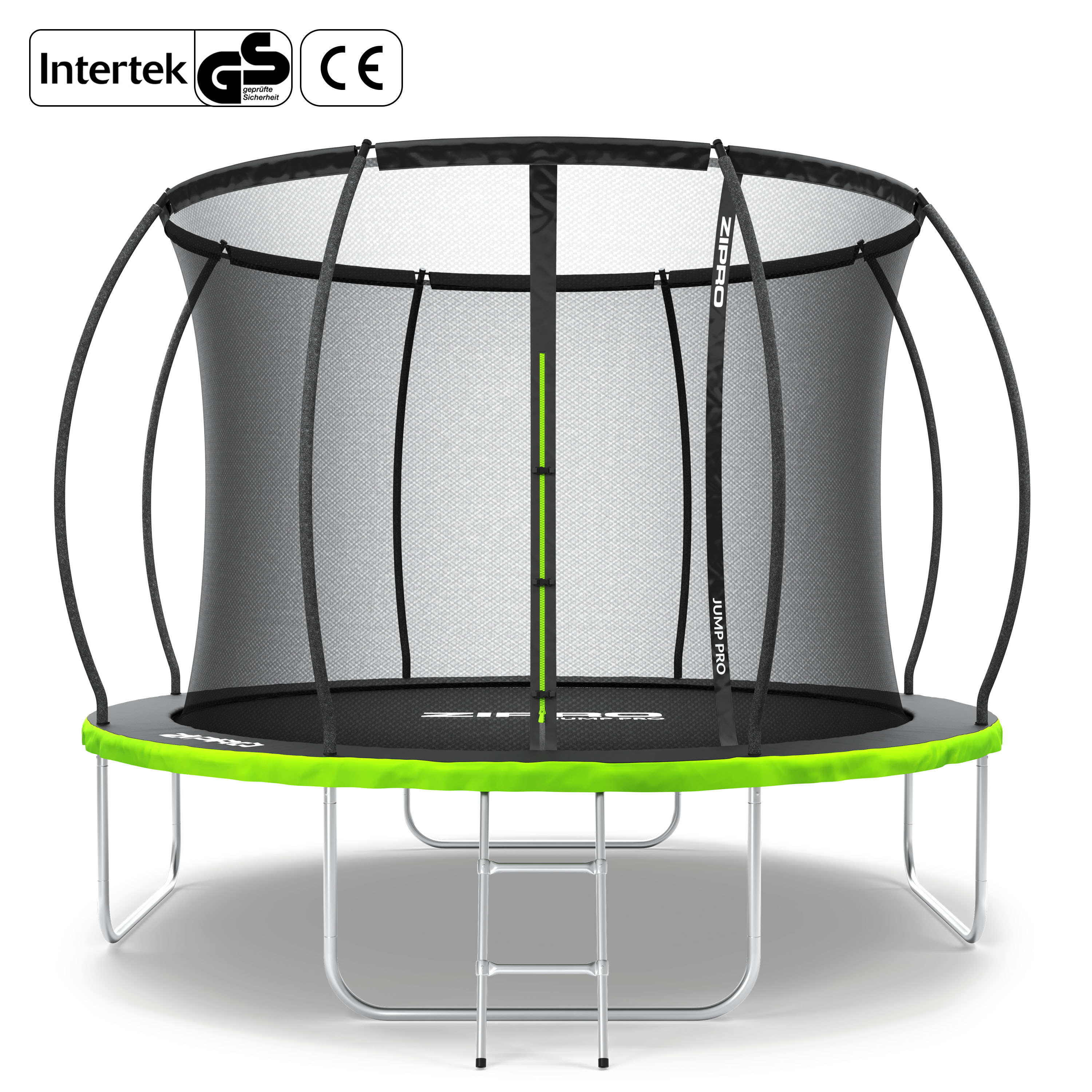 Ein Trampolin mit Netz und Leiter, mit grüner Umrandung.