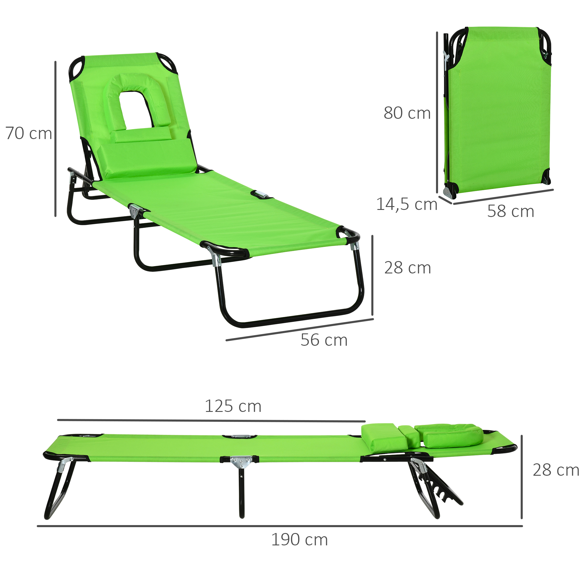 Tumbona verde con dimensiones: 190x56x28cm desplegada, 80x58x14,5cm plegada.