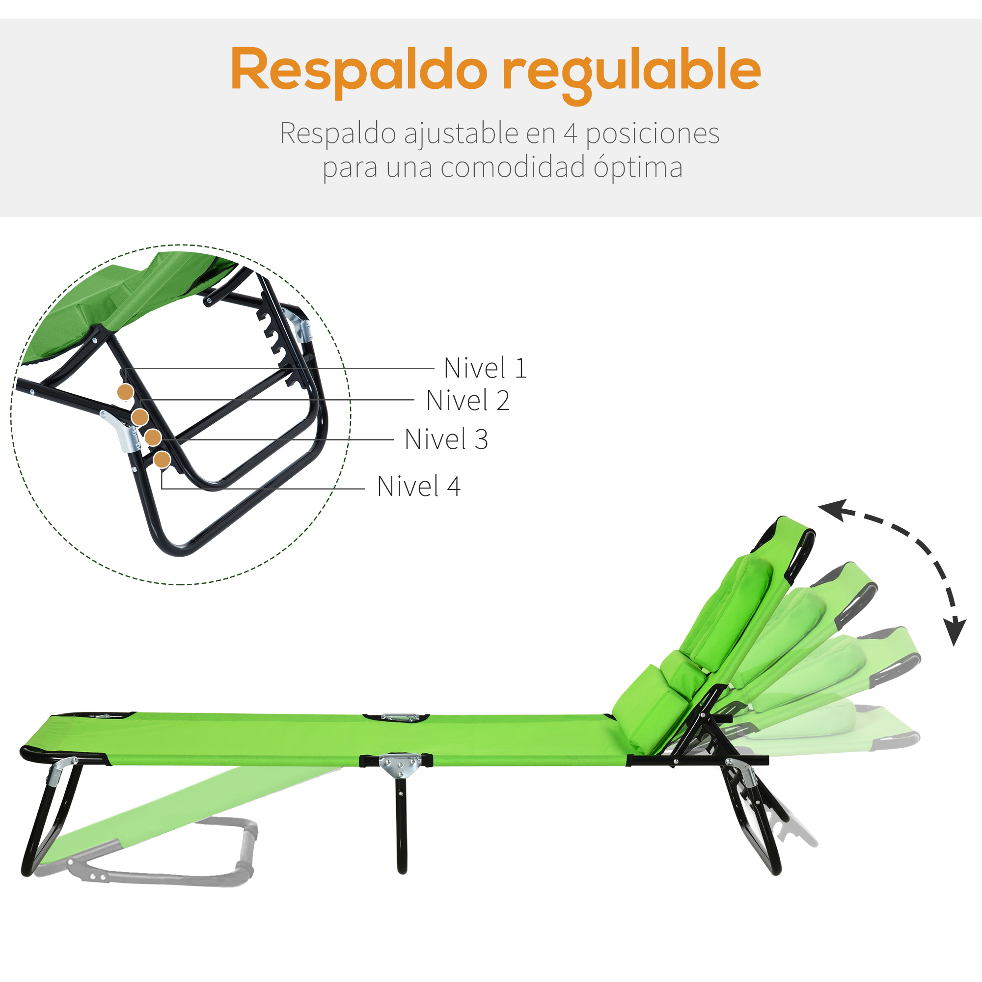 Silla de exterior verde con respaldo ajustable en 4 posiciones.