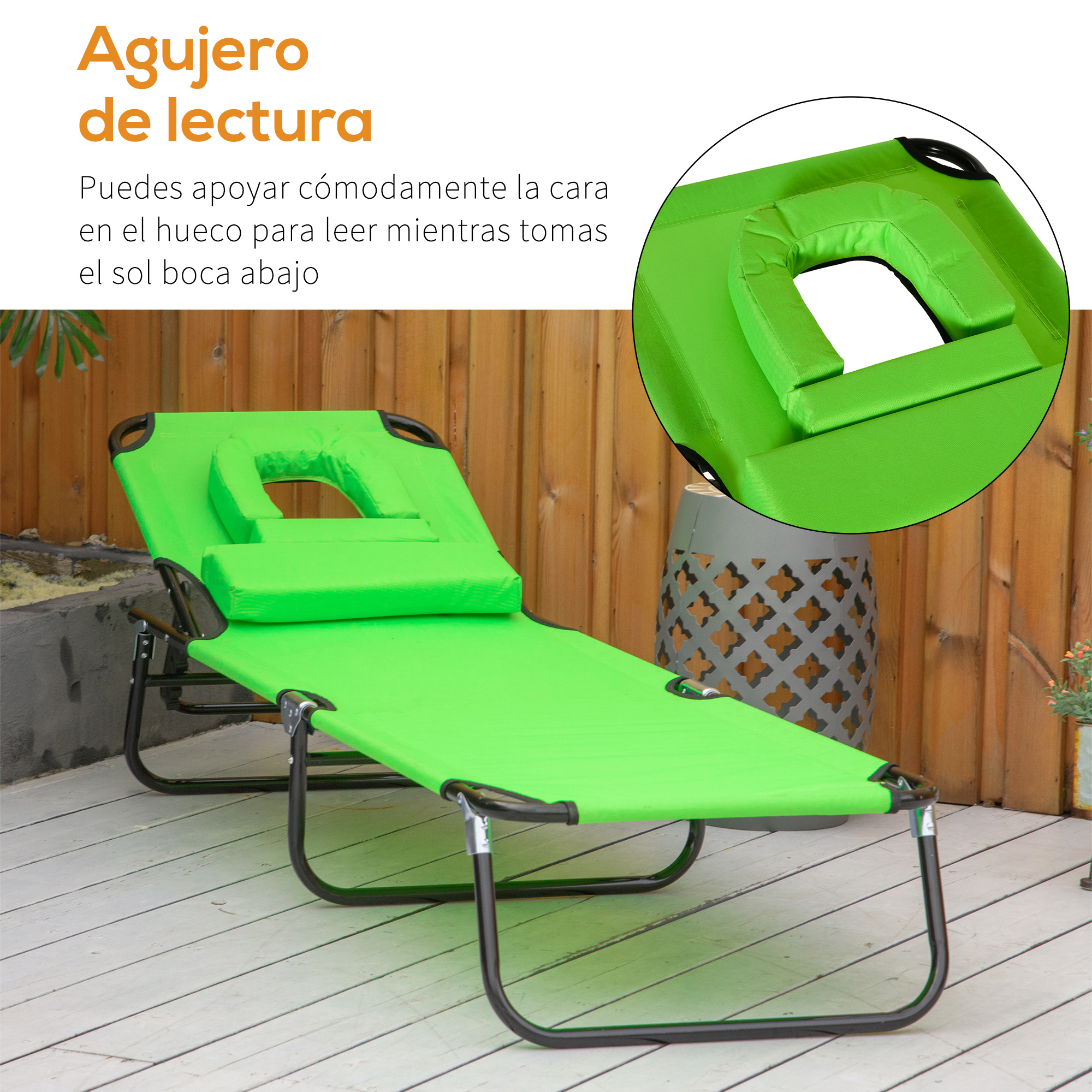 Una tumbona verde brillante con hueco para la cara para leer cómodamente.