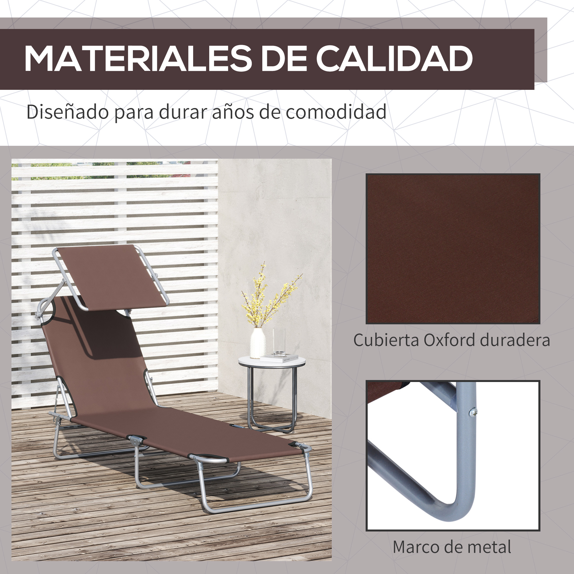 Tumbona marrón con toldo sobre tarima de madera, con primer plano de tela y estructura.