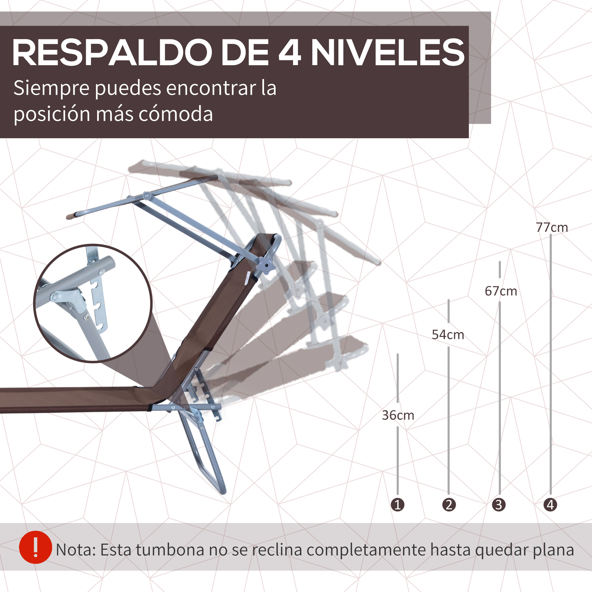Una tumbona marrón con respaldo ajustable en 4 posiciones.