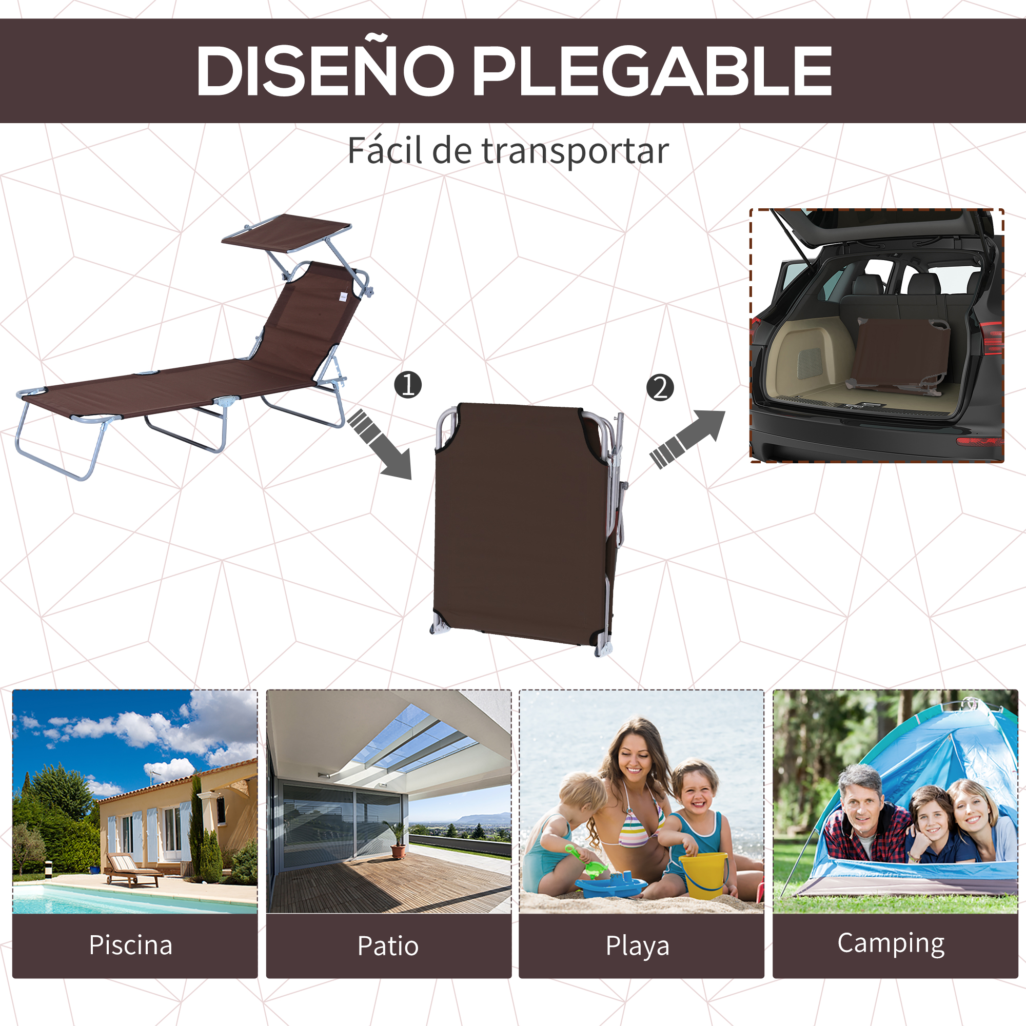 Tumbona plegable marrón con toldo, para coche, piscina, patio, playa, camping.