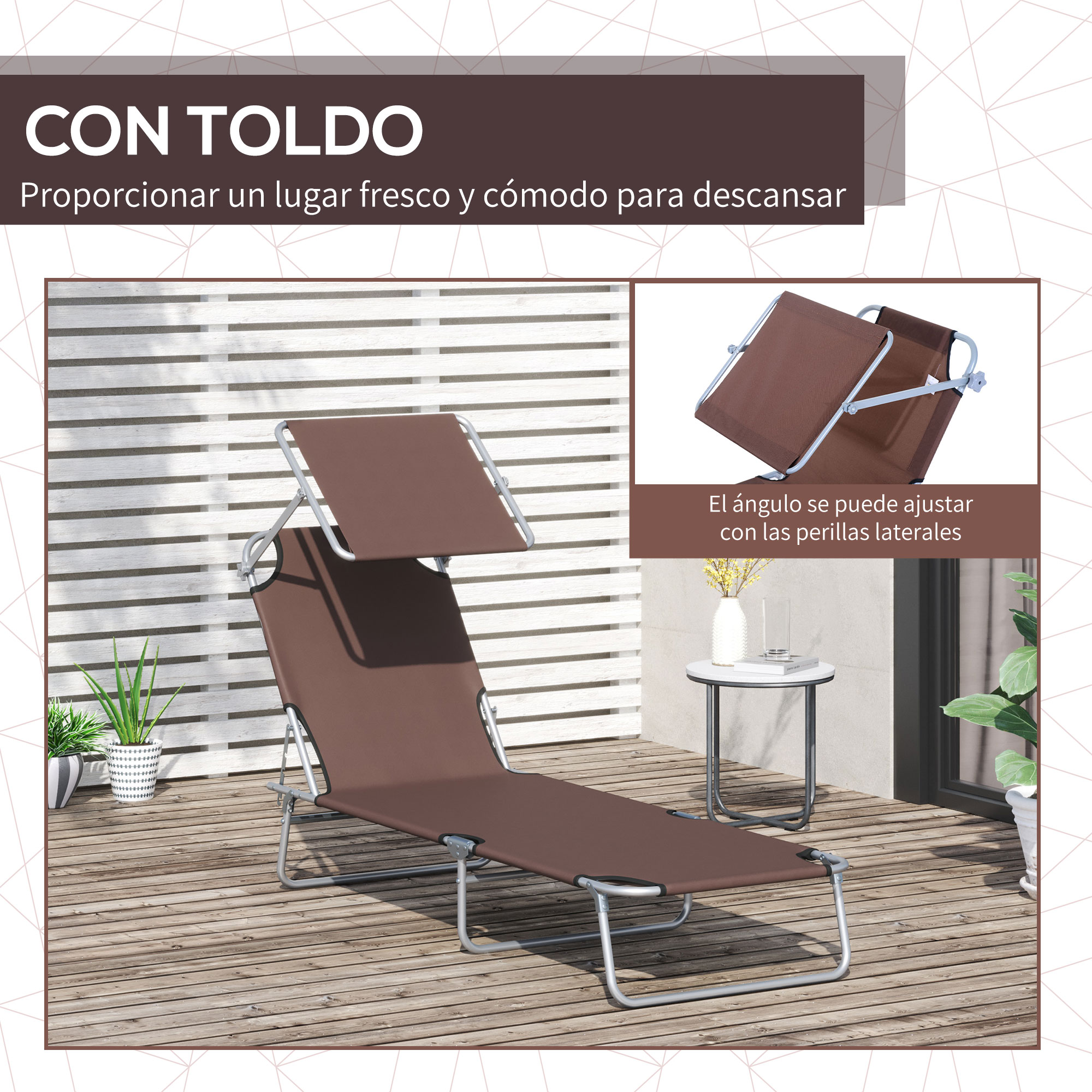 Una tumbona marrón con dosel está en una terraza de madera.