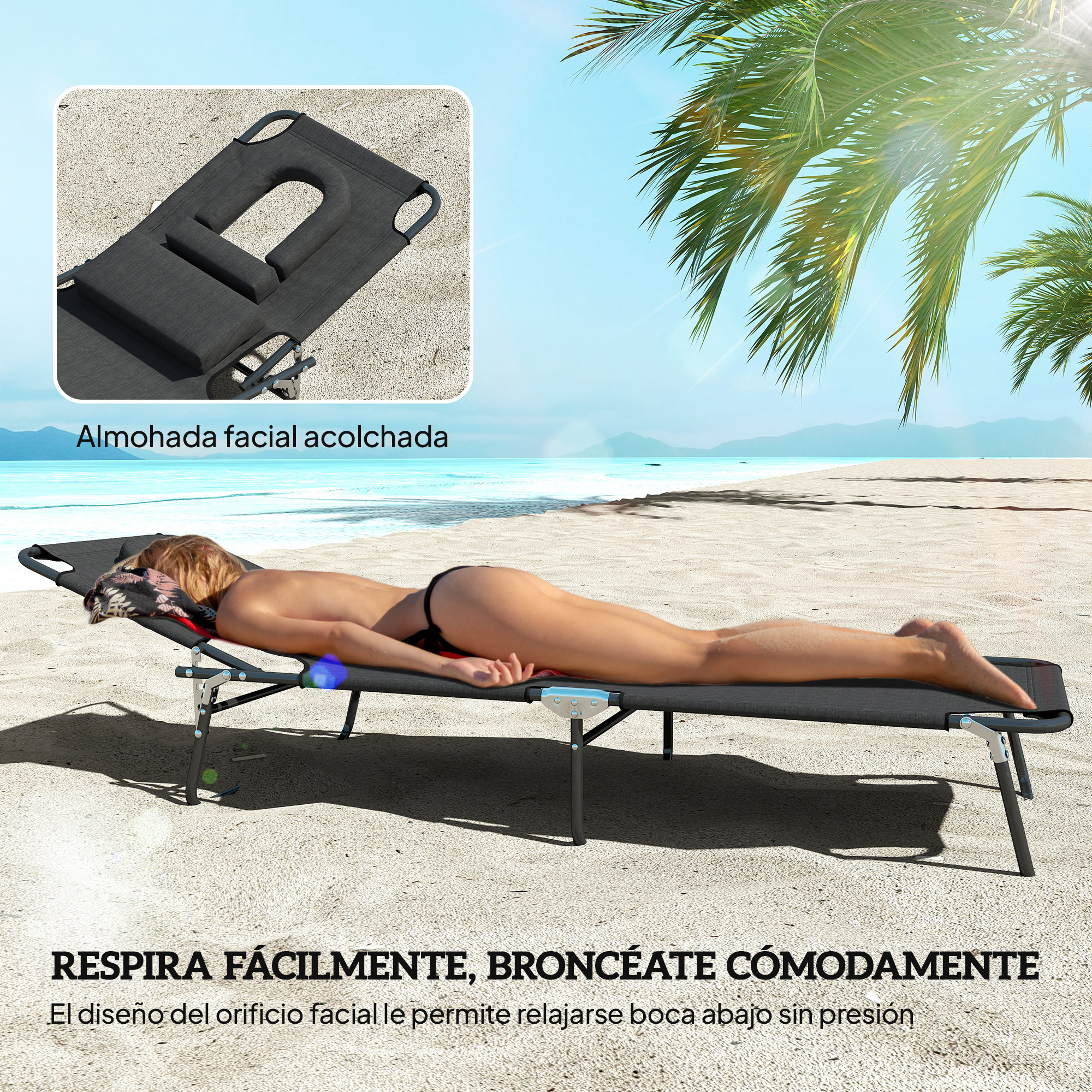 Una mujer yace en una tumbona de playa. Hay palmeras y el mar al fondo.
