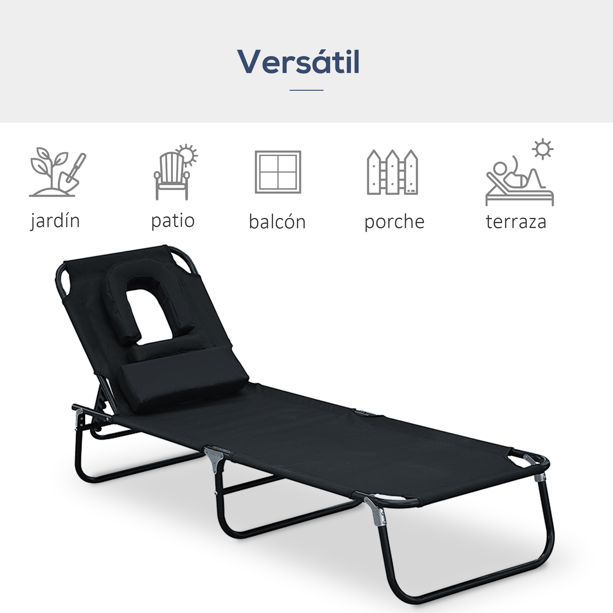 Una tumbona plegable negra con reposacabezas ajustable.