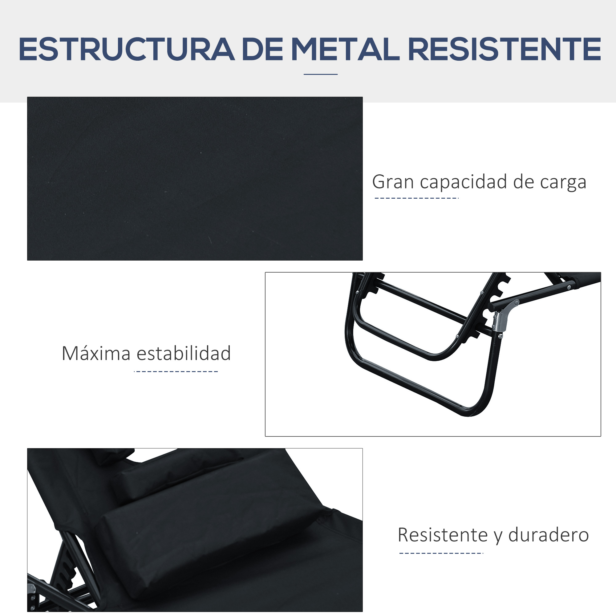 Tapicería de tela negra y estructura metálica de tumbona.