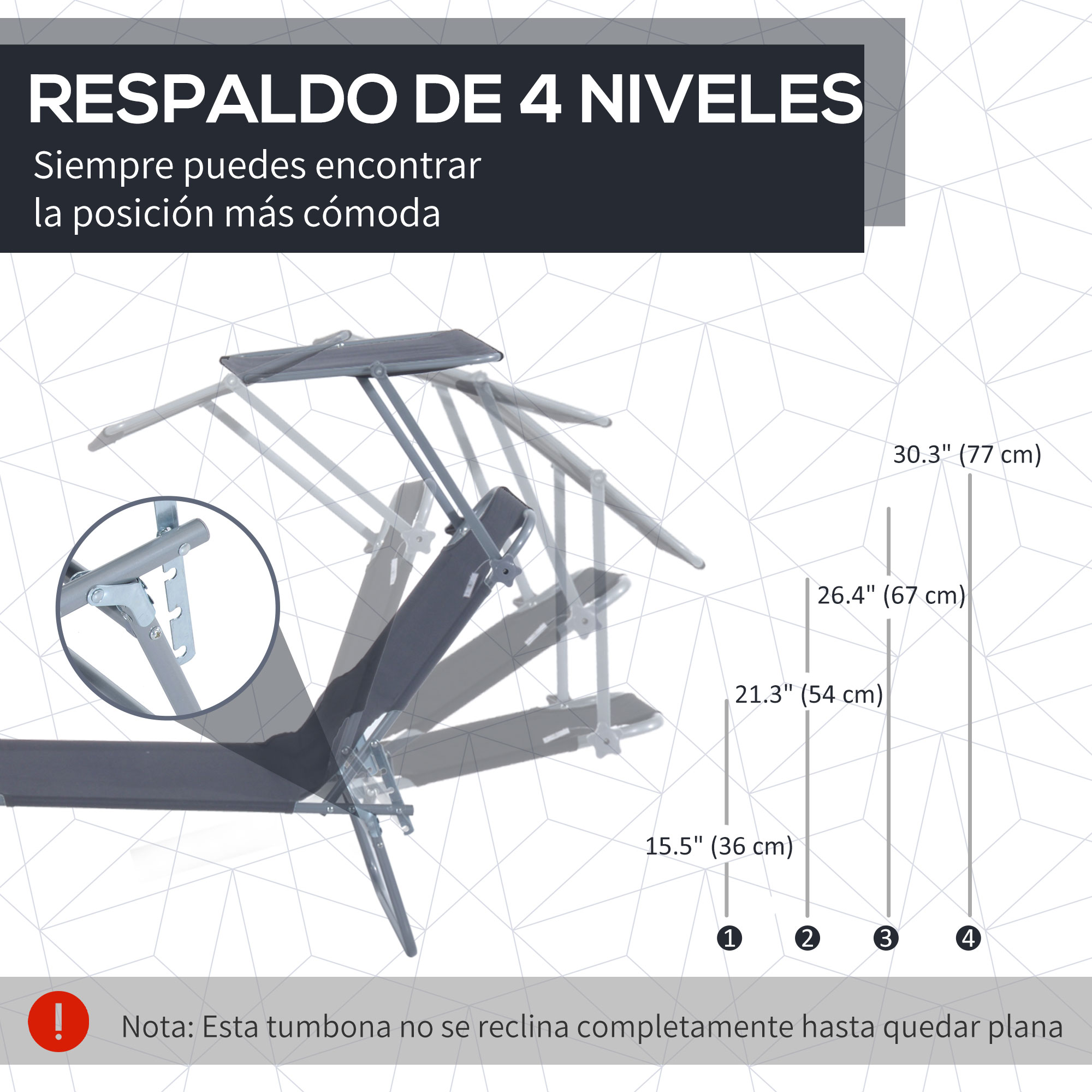 Una tumbona gris que muestra 4 posiciones de respaldo con medidas.