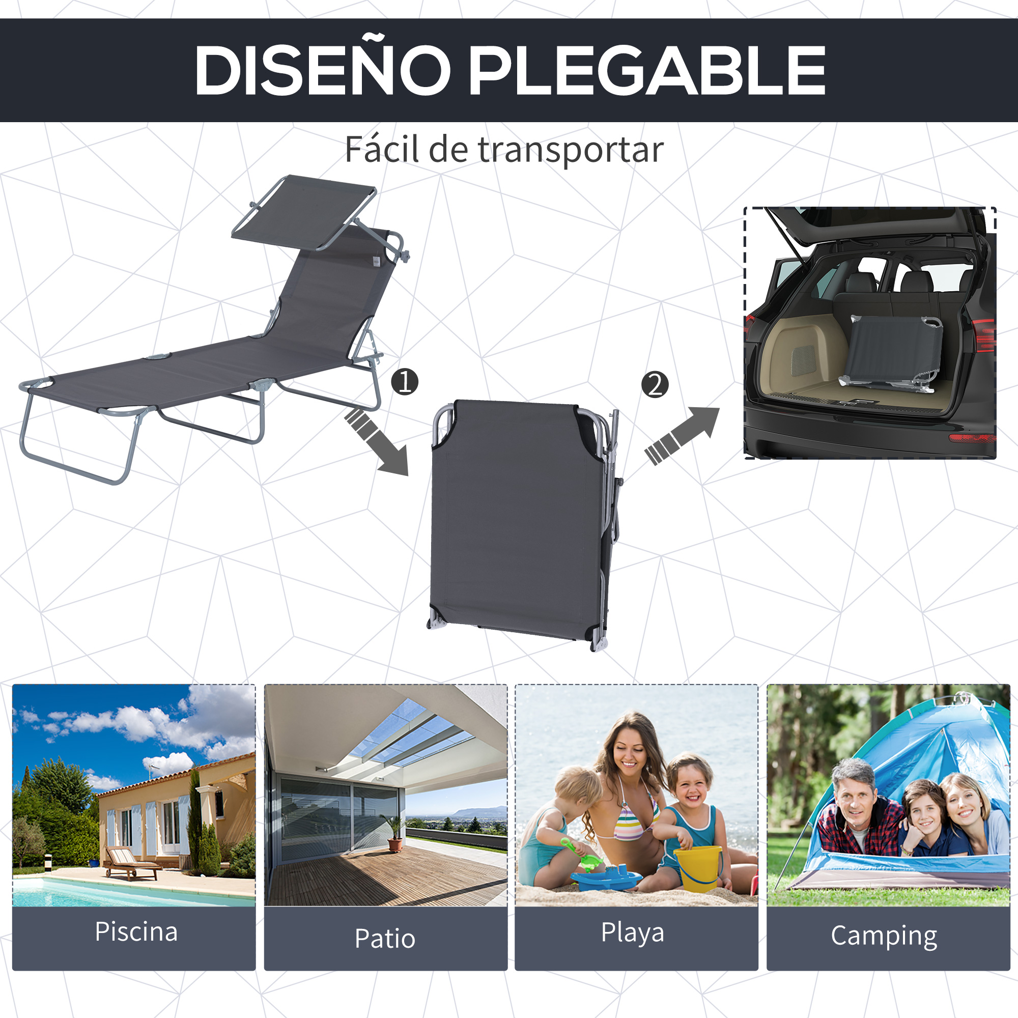 Se muestra una tumbona plegable y cómo se guarda en un coche.