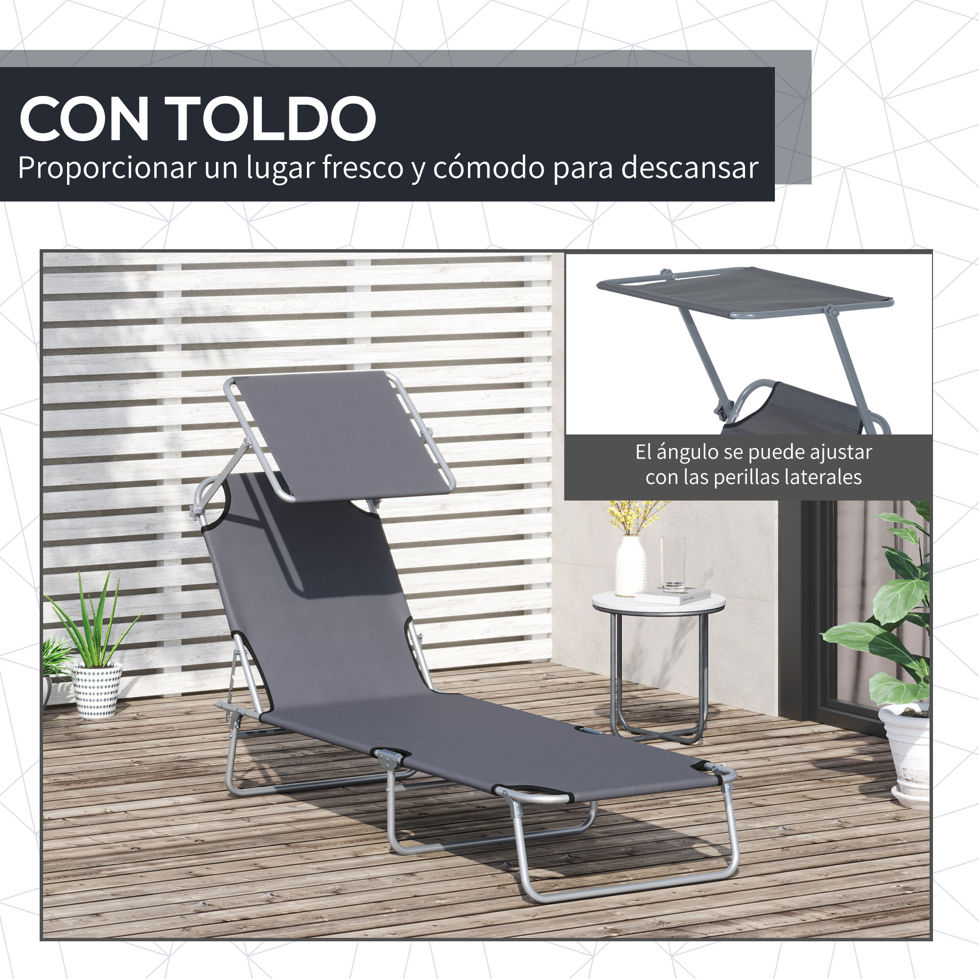 Tumbona gris con toldo ajustable sobre tarima de madera.