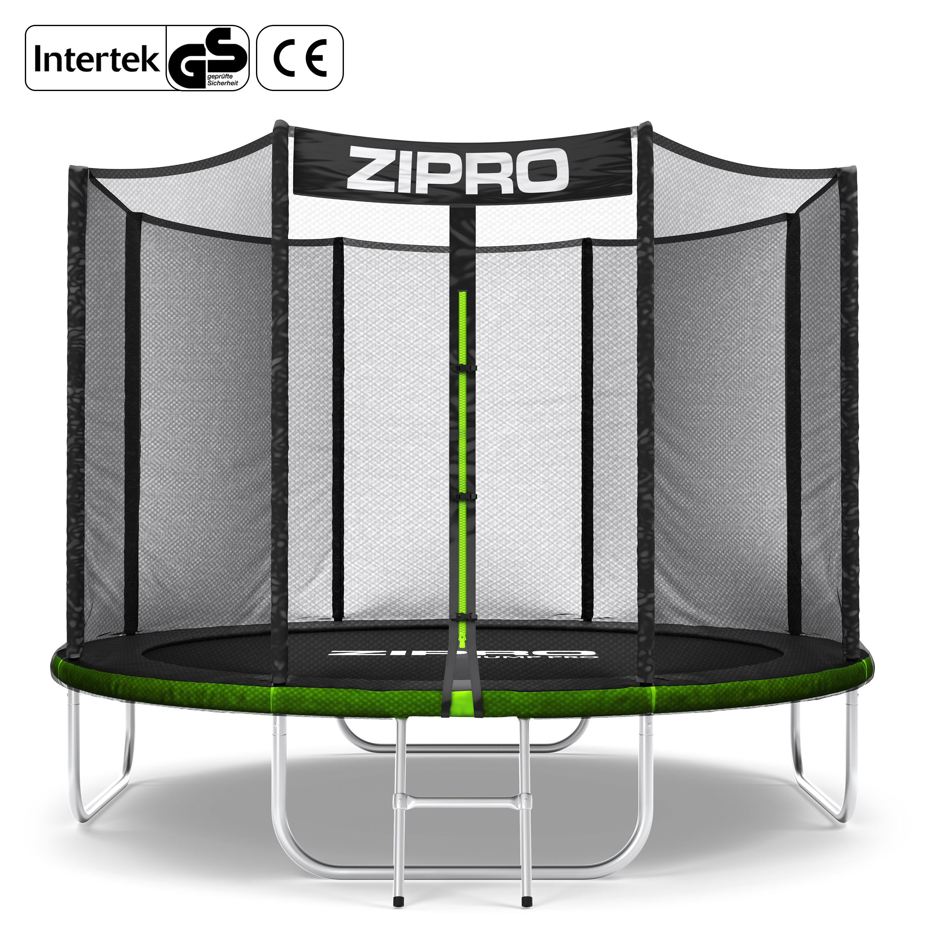Ein schwarzer Trampolin mit Netz und grünem Rand. Mit Logo und Prüfsiegeln.