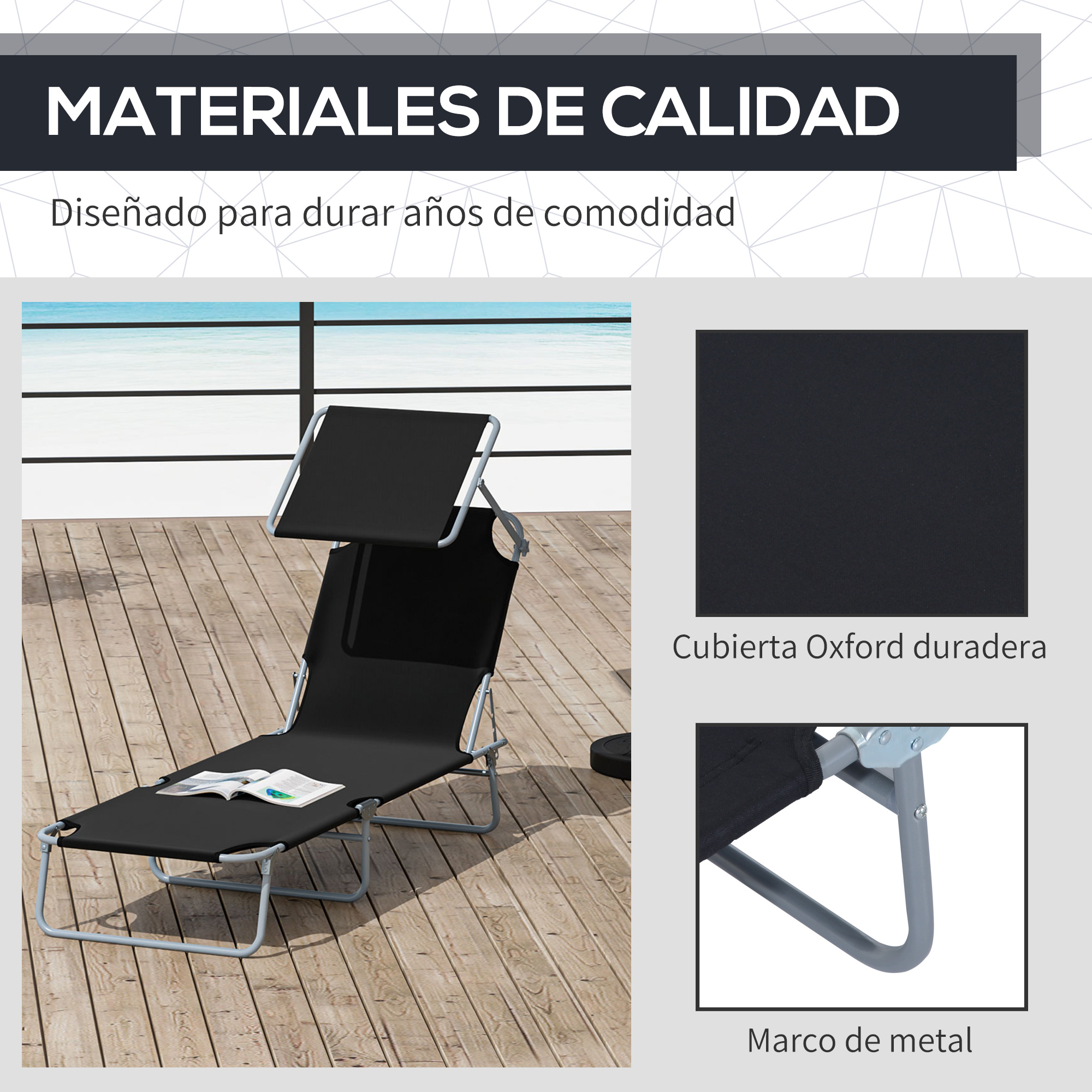 Una tumbona negra con marco de metal está en una terraza de madera junto al mar.