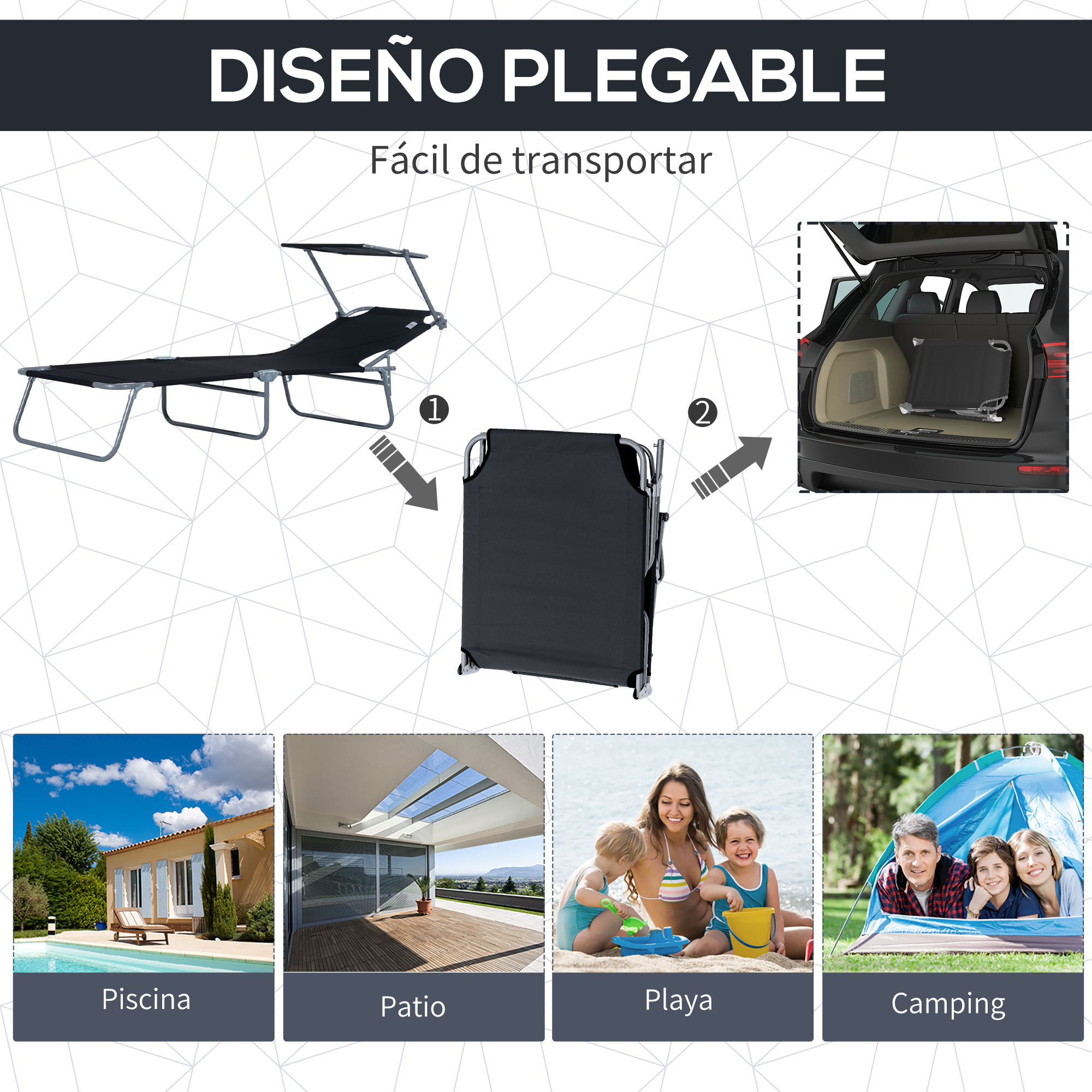 Una cama plegable que cabe en un maletero, y escenas de piscina, patio, playa y camping.