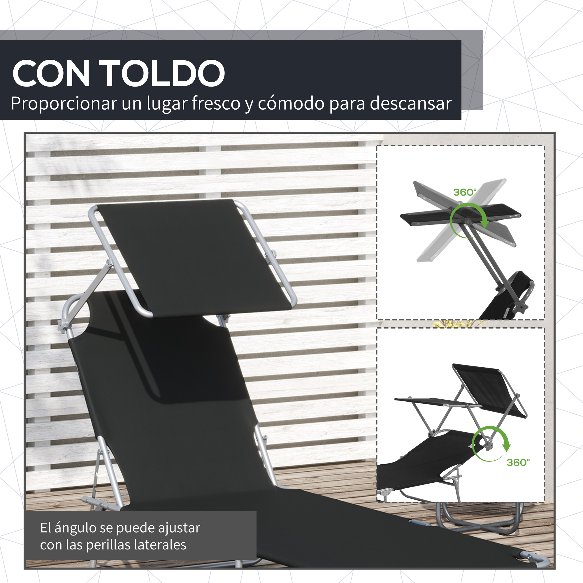 Una tumbona negra con dosel está sobre una terraza de madera.
