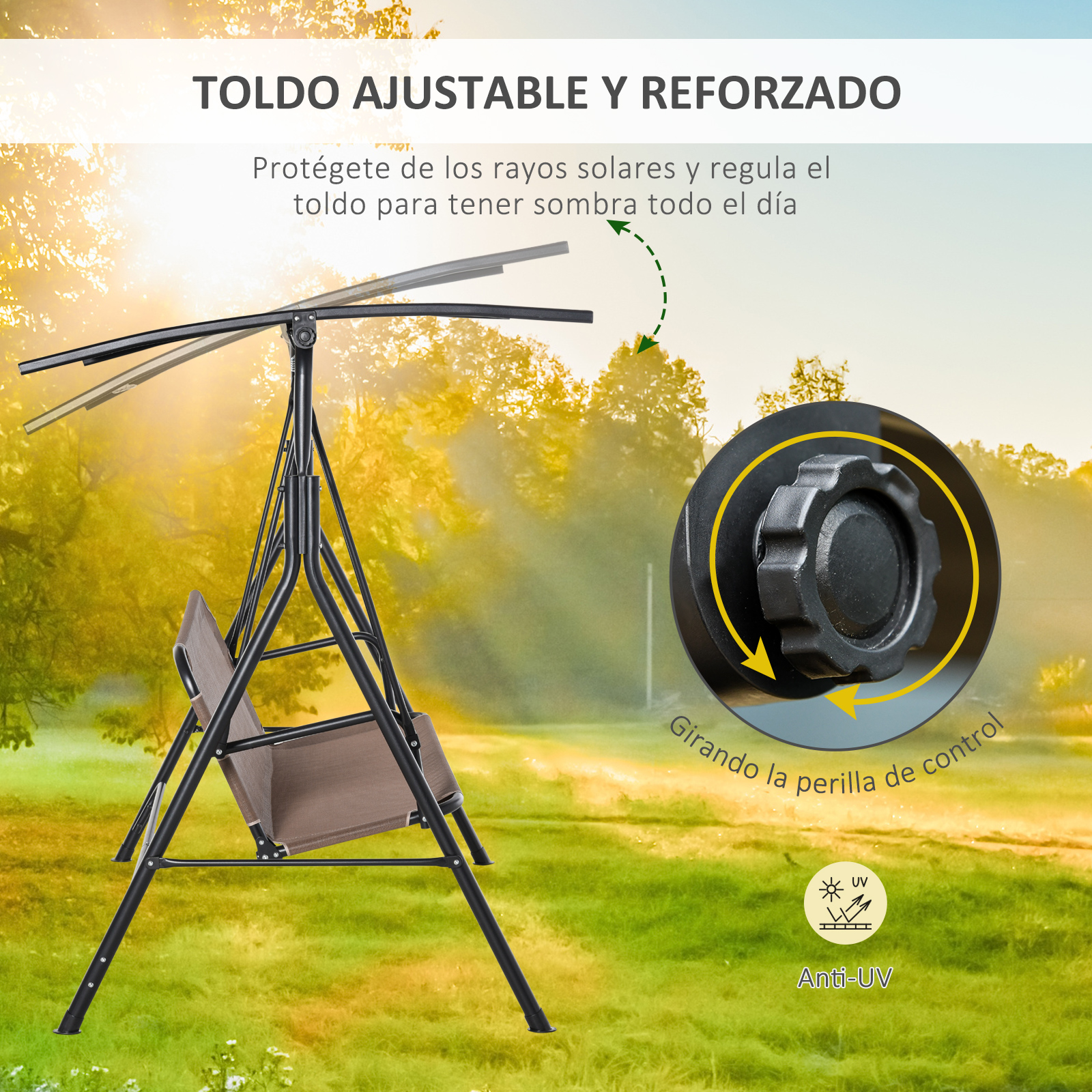 Una silla hamaca negra ajustable con asiento y toldo marrones al aire libre.