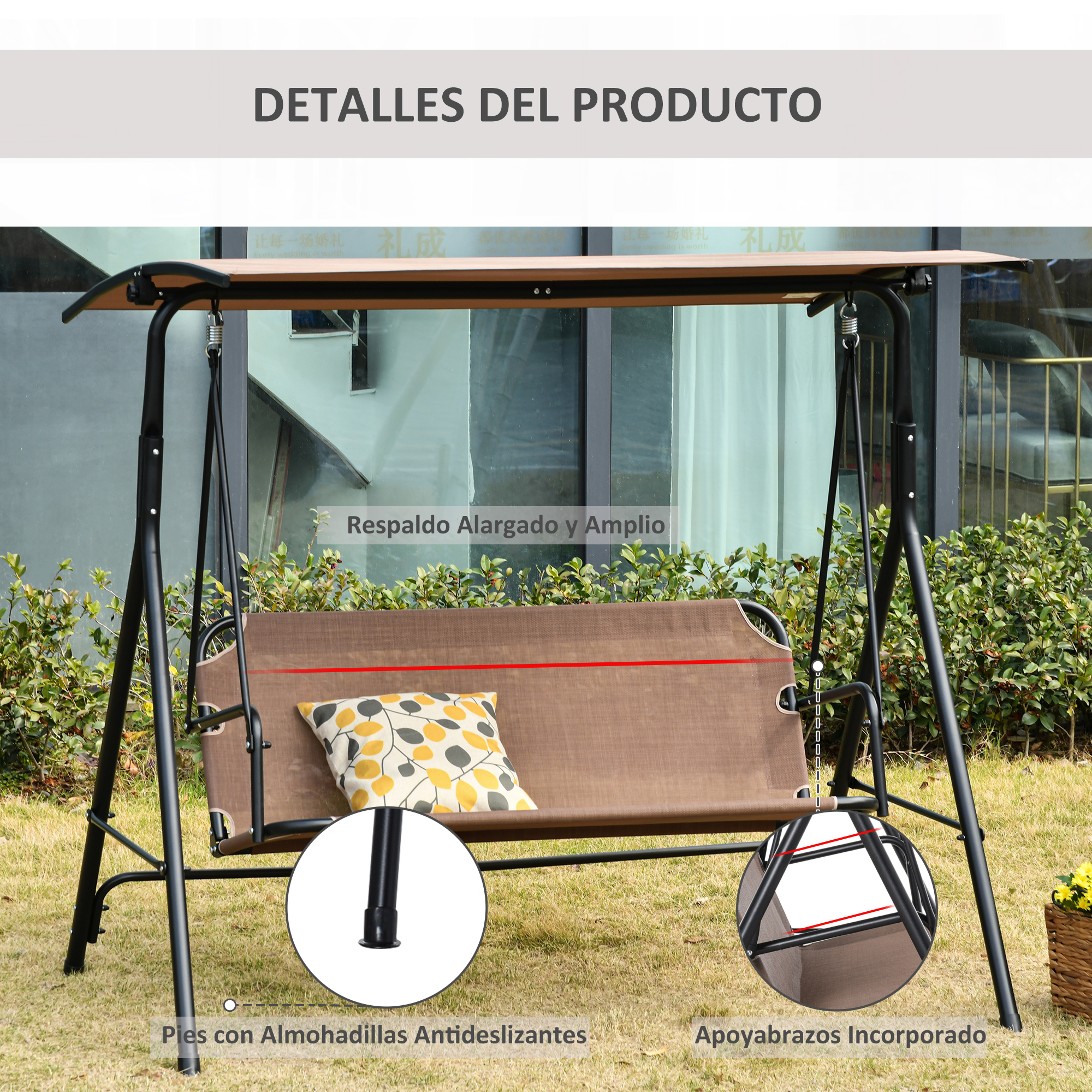Columpio de jardín marrón con cojín, dosel y patas detalladas.