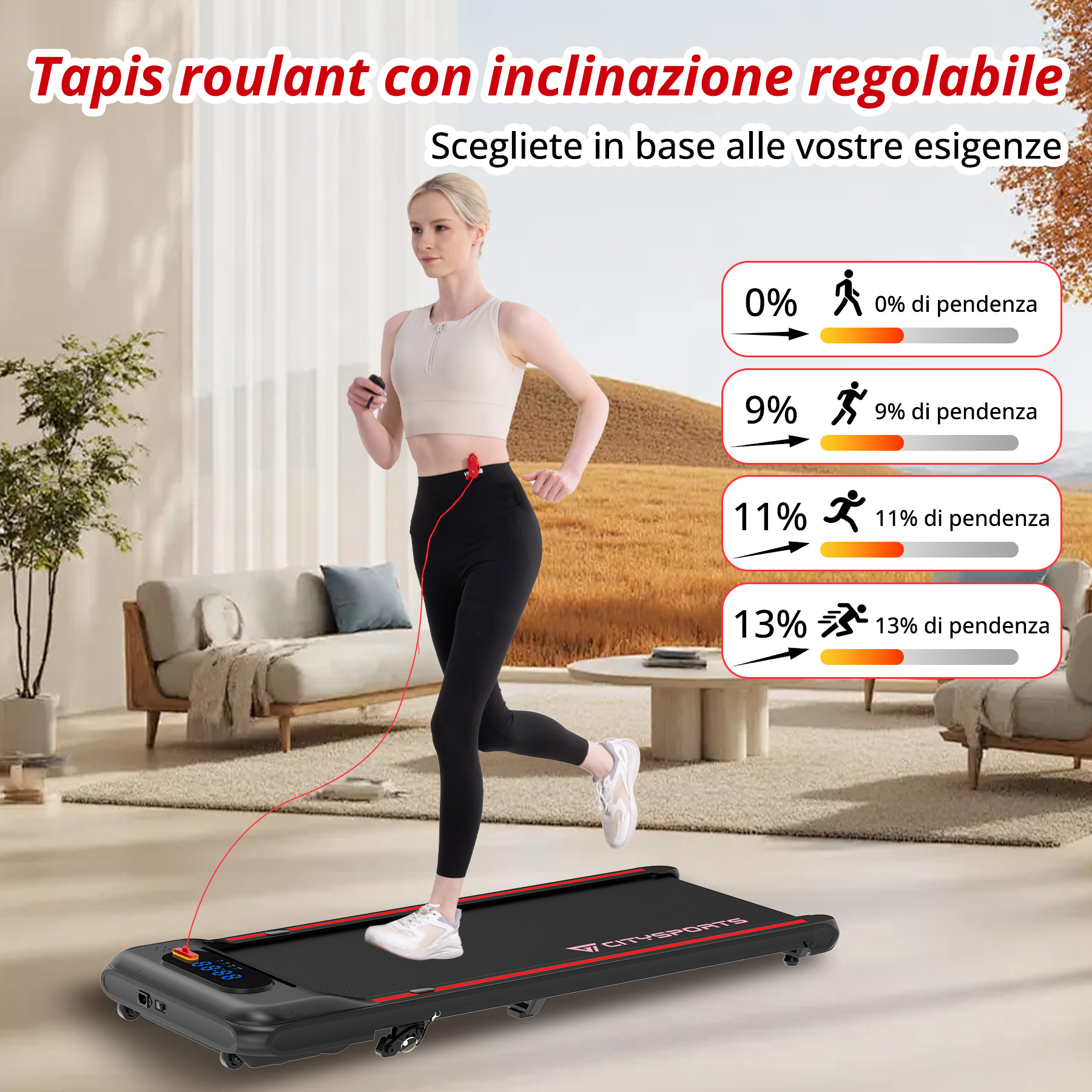 Donna corre su tapis roulant con inclinazione regolabile, vari livelli di pendenza.