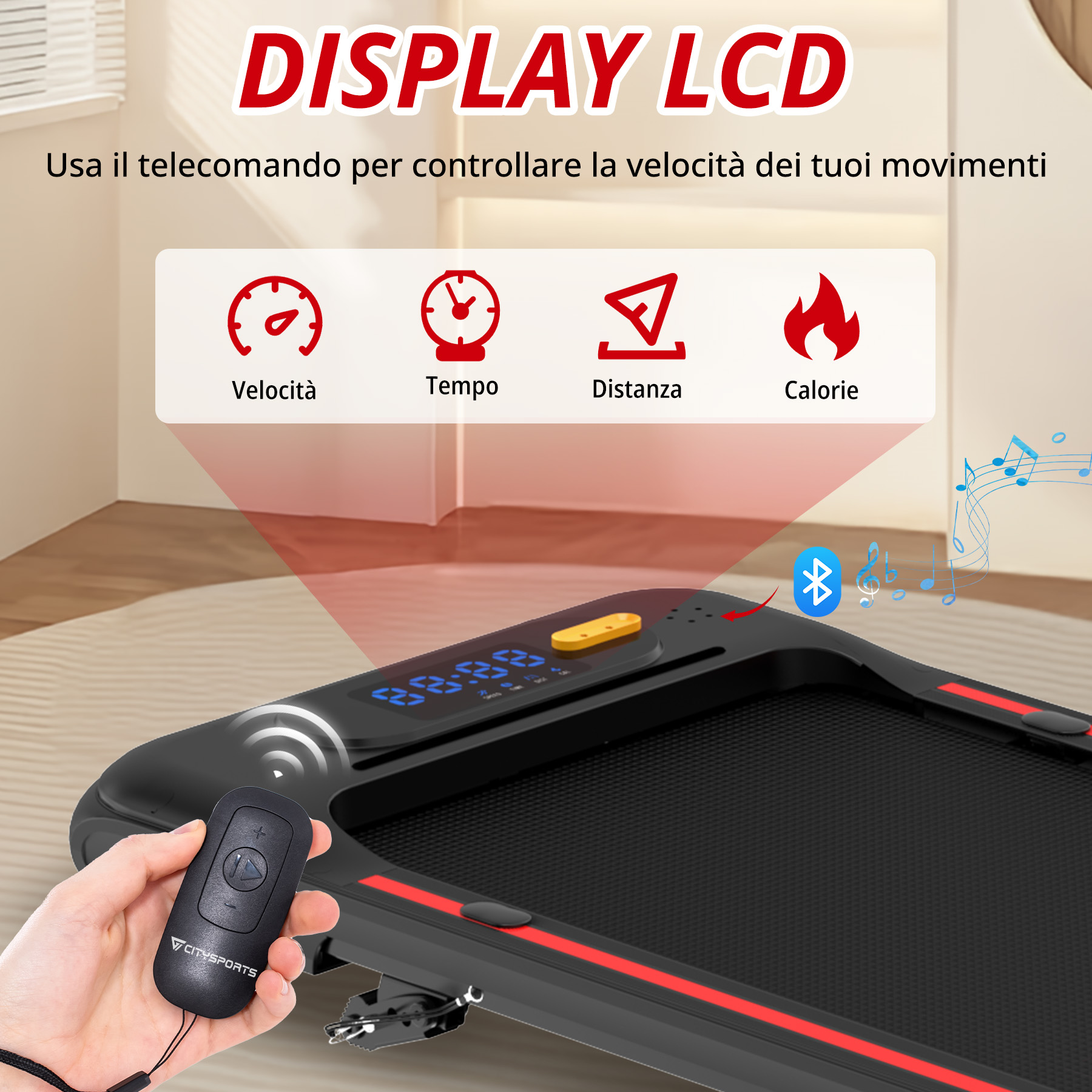 Tapis roulant con telecomando e display LCD che mostra velocità, tempo, distanza, calorie.