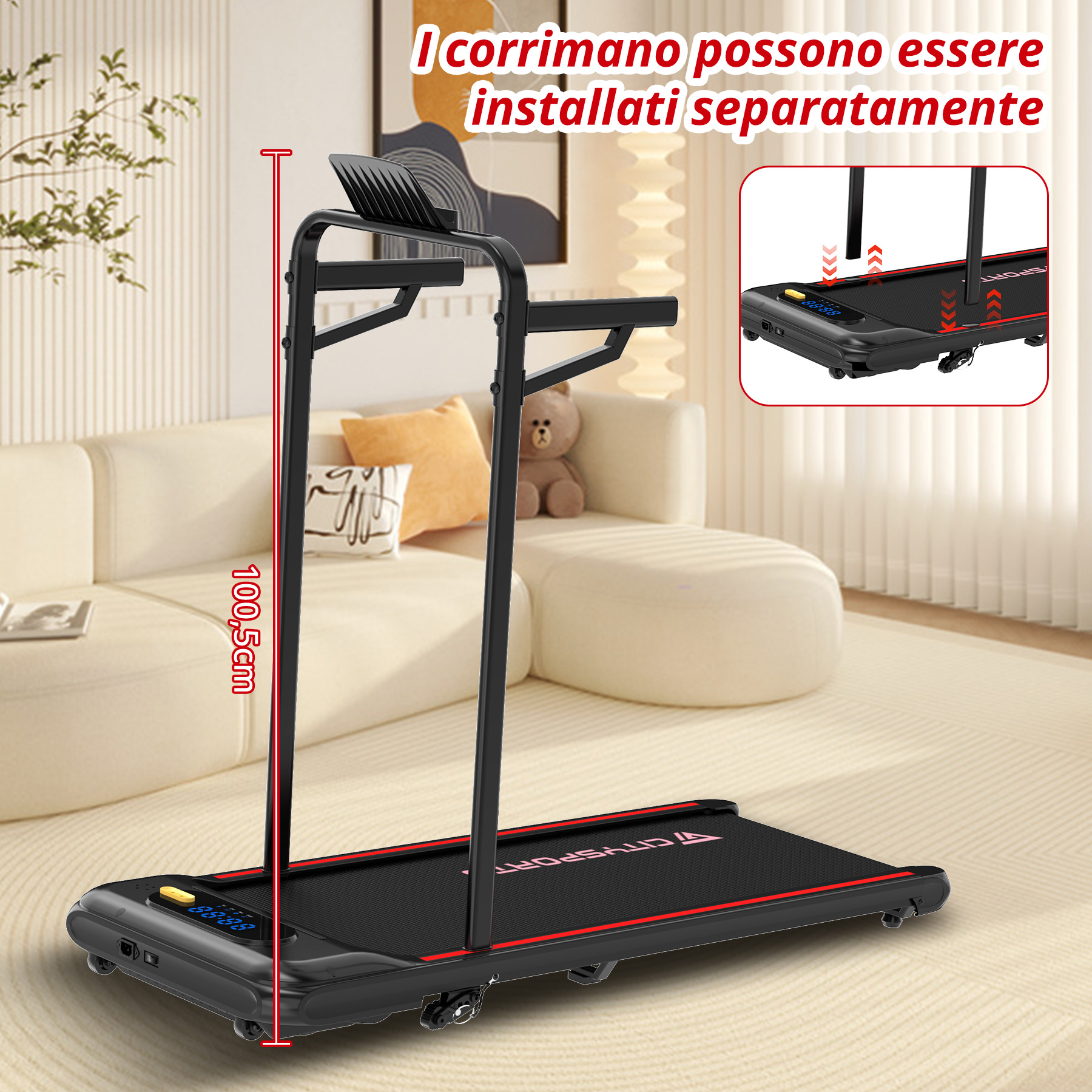 Un tapis roulant nero con finiture rosse in un soggiorno.