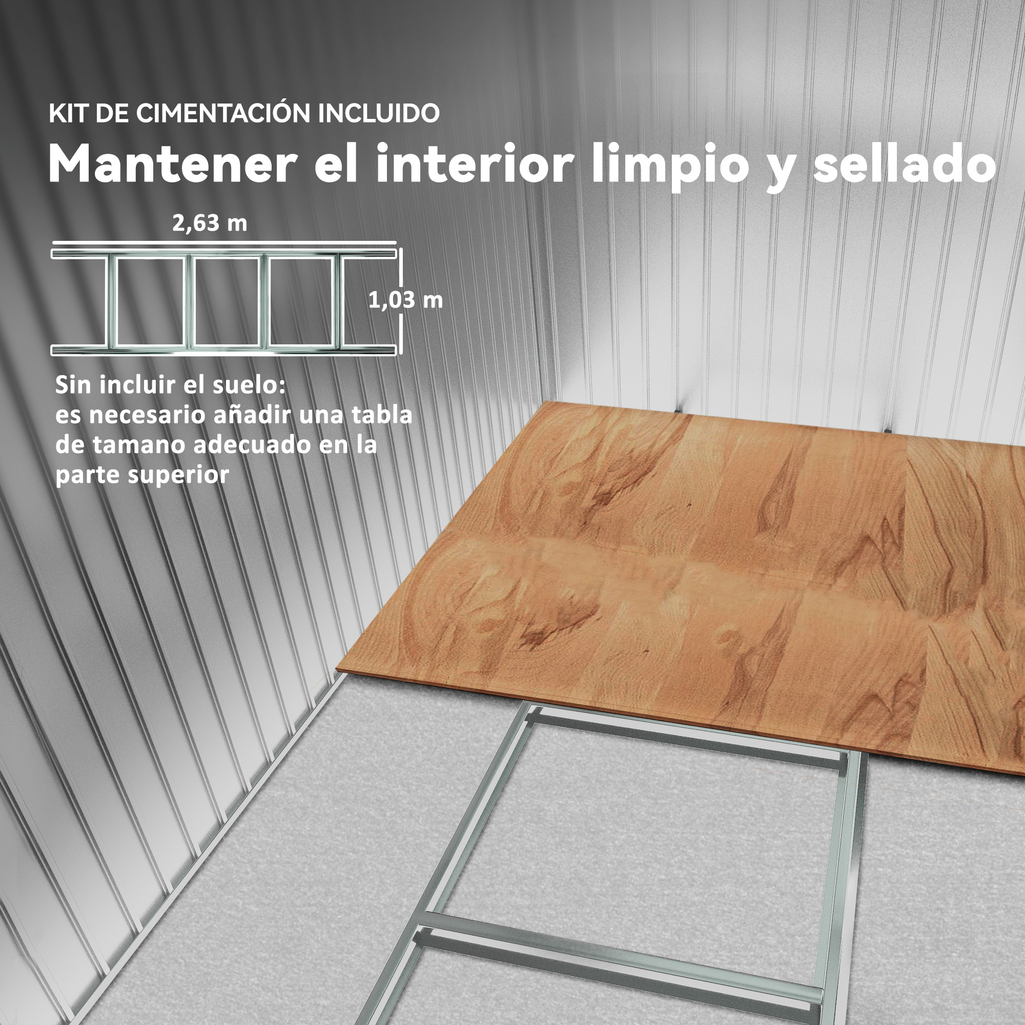 Estructura metálica plateada con panel de madera y texto. Medidas 2,63m x 1,03m.