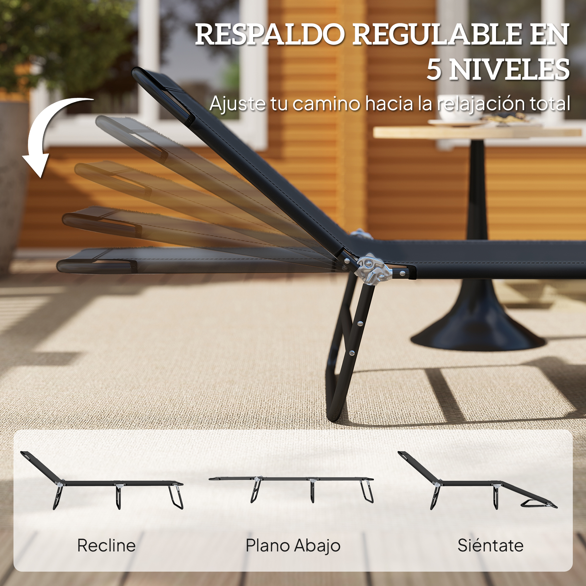 Silla reclinable negra con respaldo ajustable en 5 posiciones.