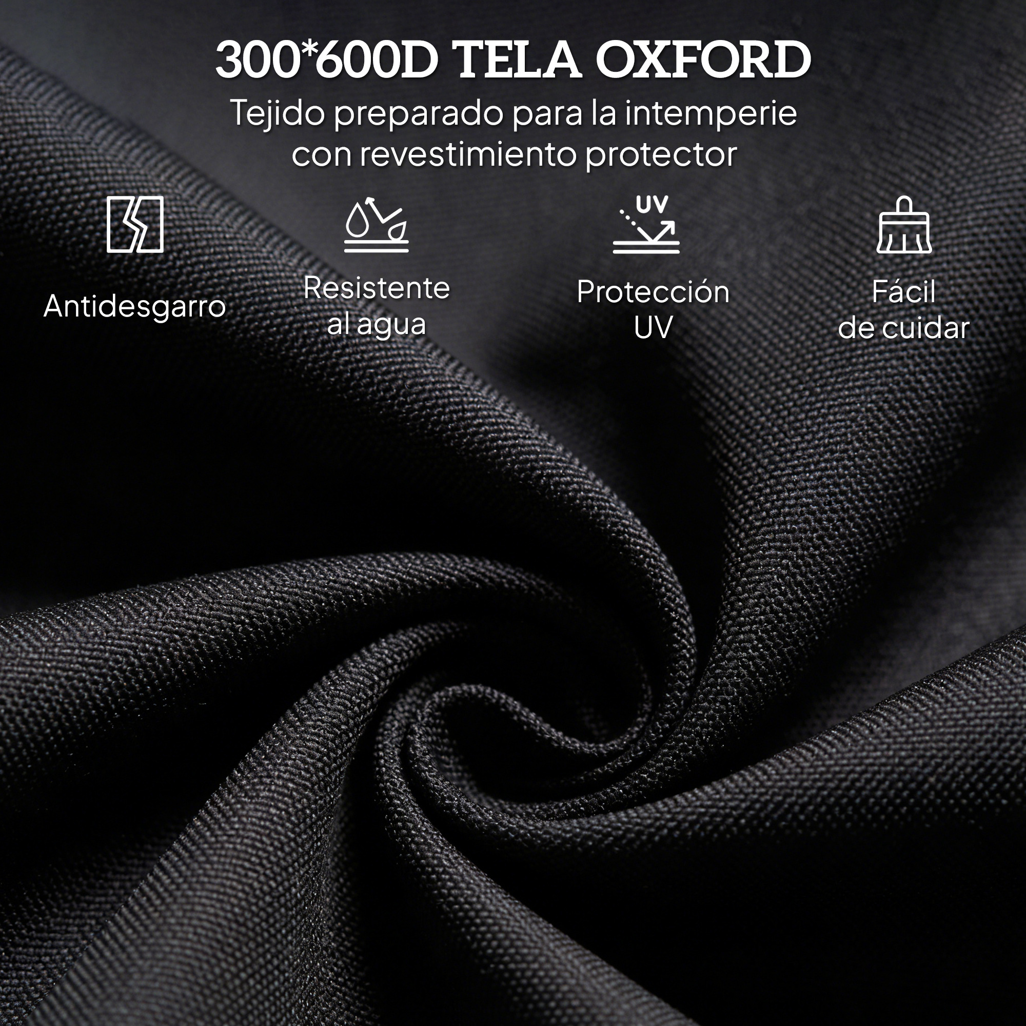 Tejido Oxford negro con iconos de resistencia al desgarro, al agua, protección UV y fácil cuidado.
