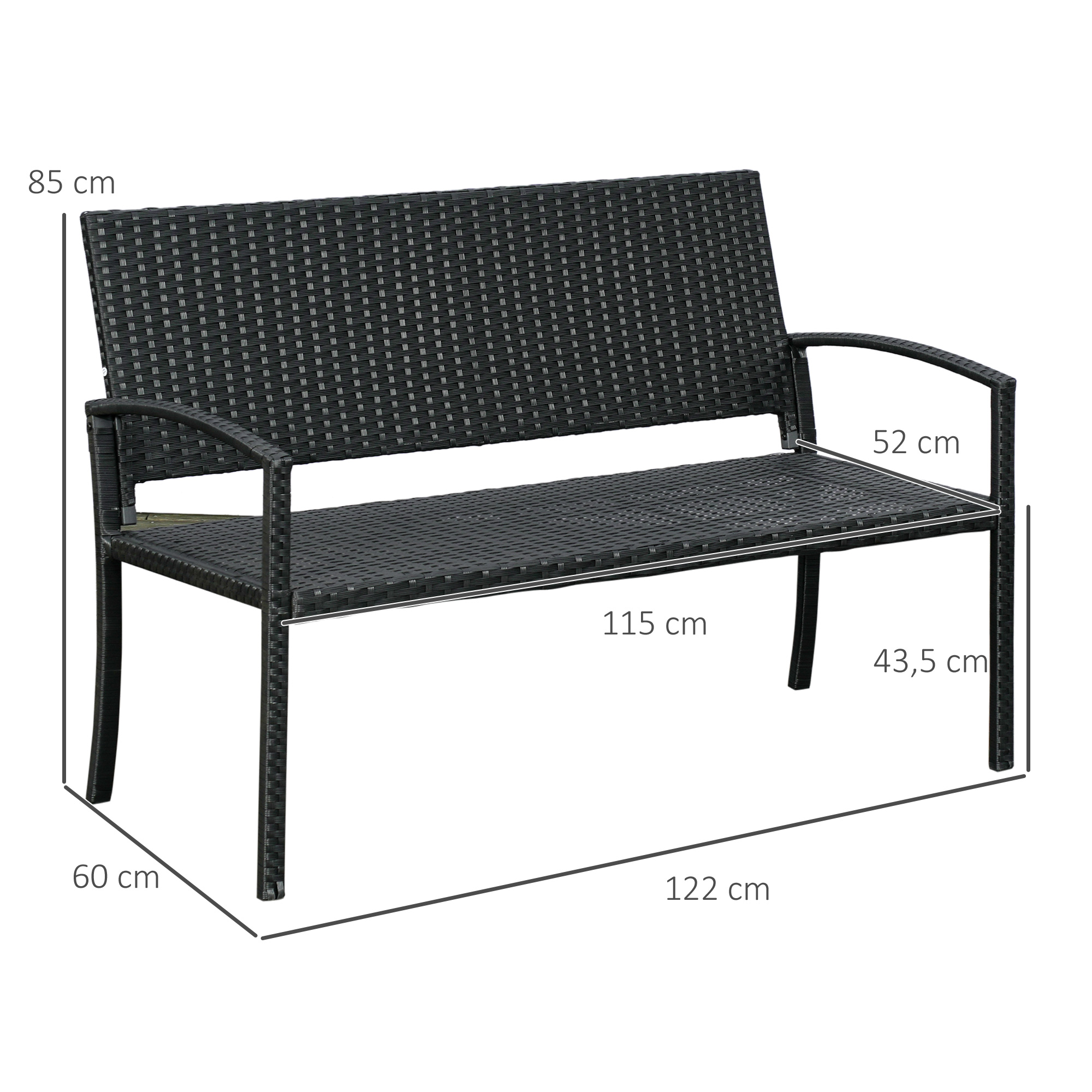 Banco de jardín negro de ratán con dimensiones 122x60x85cm.