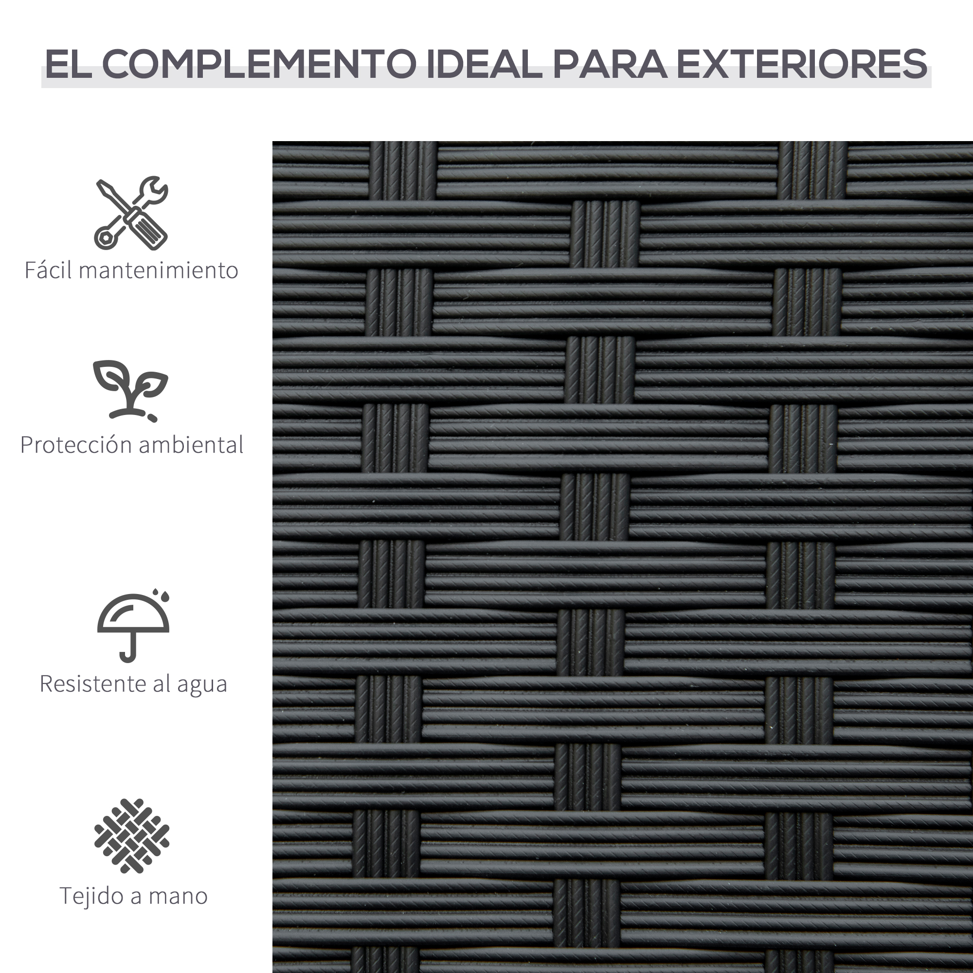 Textura tejida de ratán negro con iconos de mantenimiento, ecológico, resistente.
