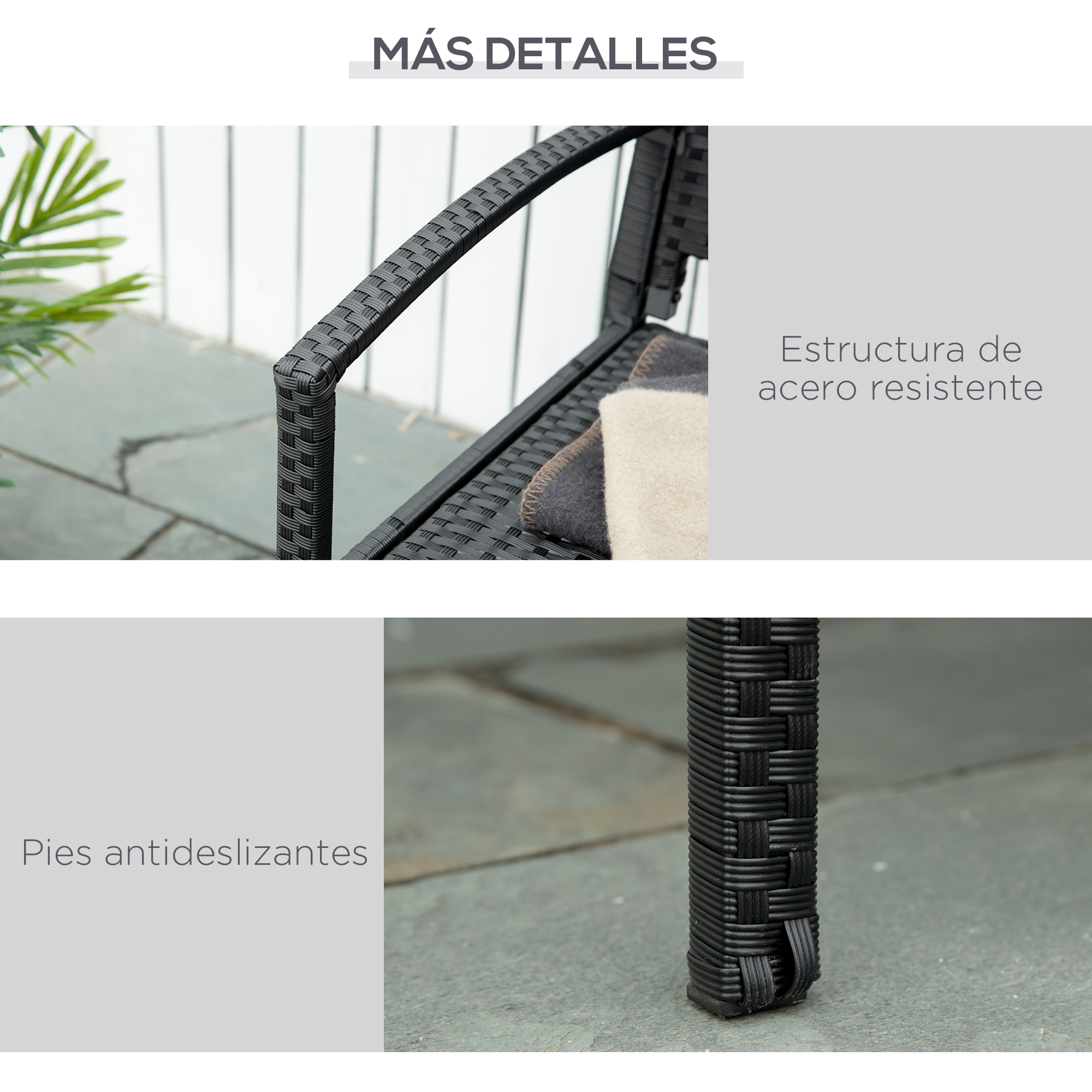 Apoyabrazos de silla negro tejido con cojines y marco de acero.