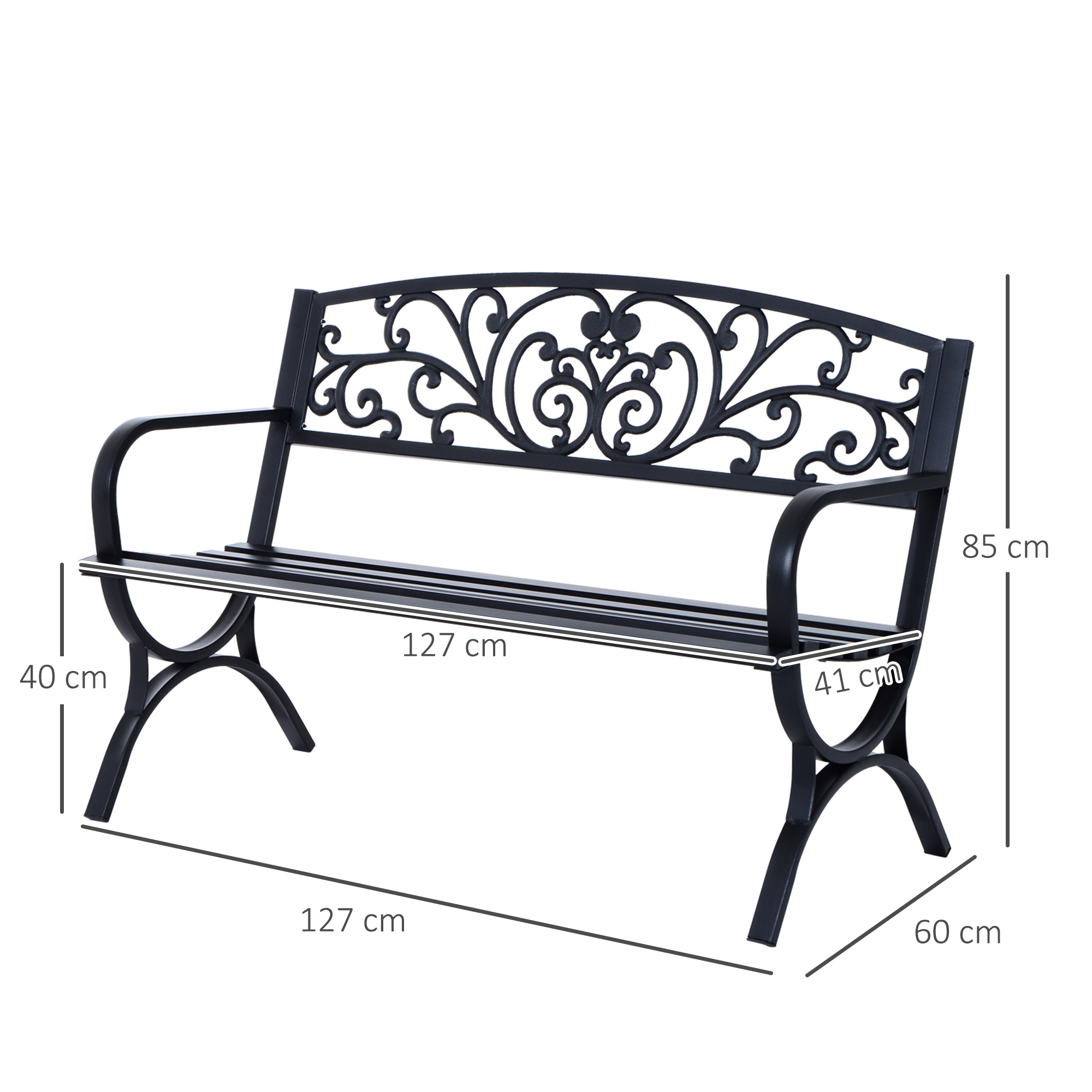 Panchina da giardino nera ornata, 127x60x85cm.
