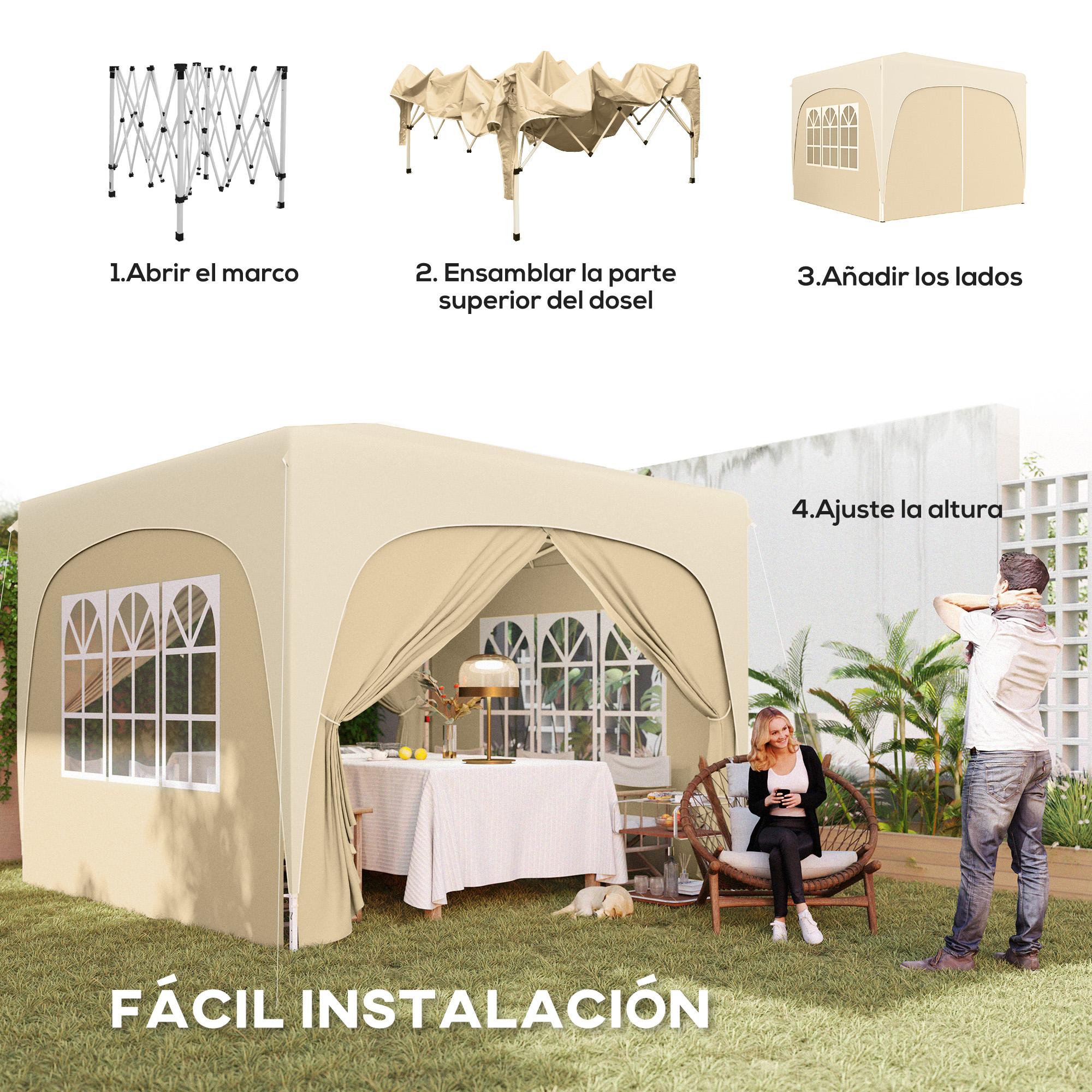 Montaje de un toldo beige con pasos e instrucciones y personas.