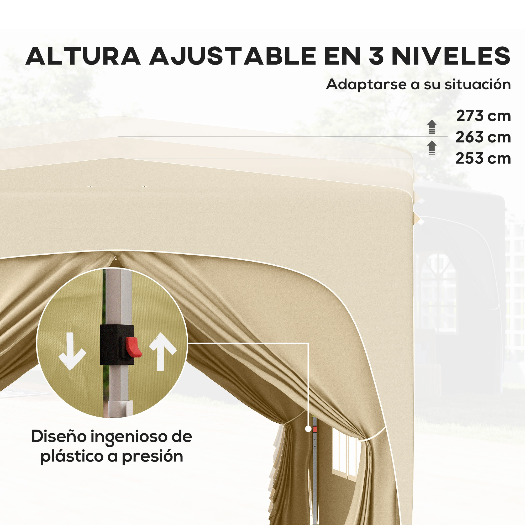 Altura ajustable en 3 niveles, con medidas 273, 263, 253 cm.