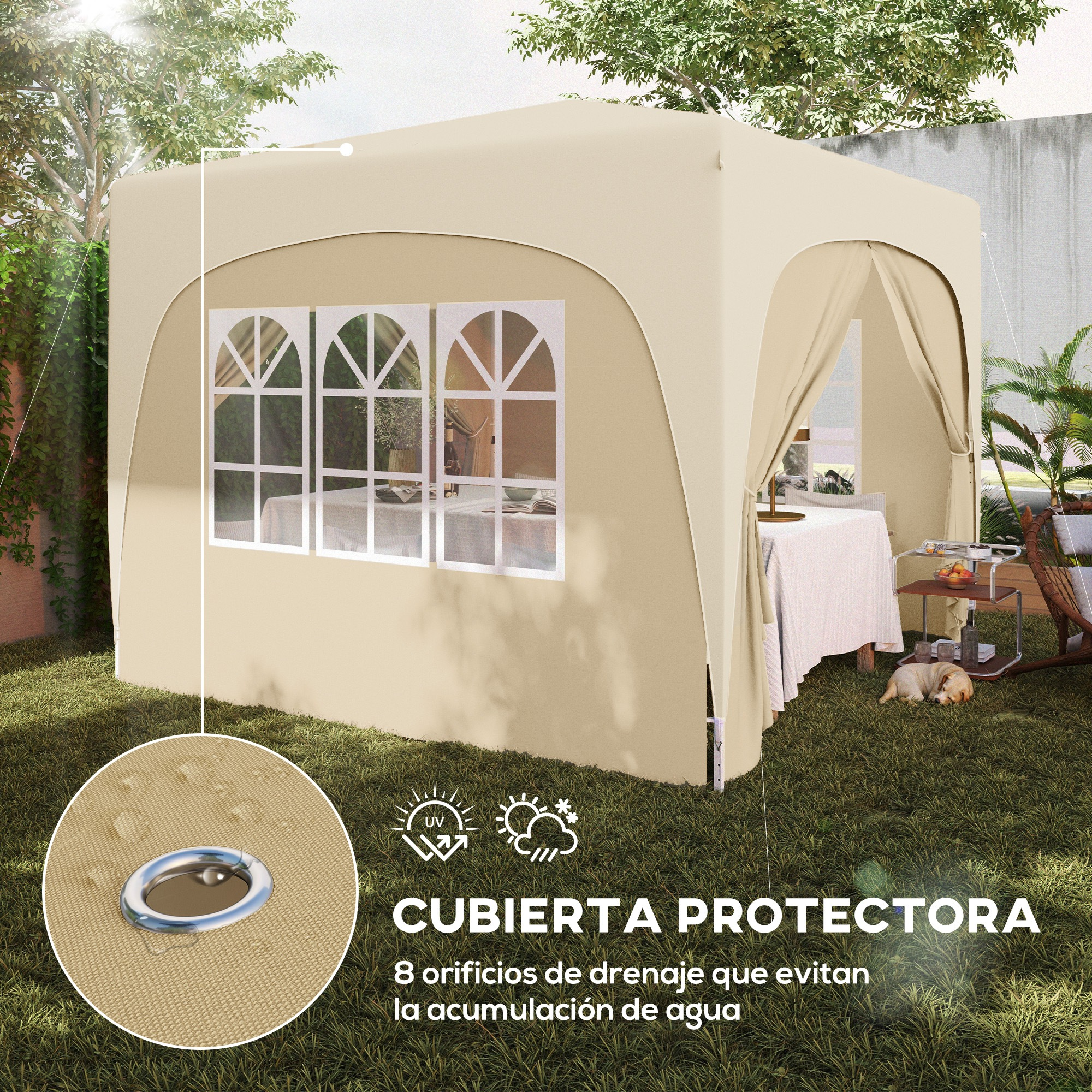 Carpa beige al aire libre con ventanas, mesa interior y perro durmiendo.