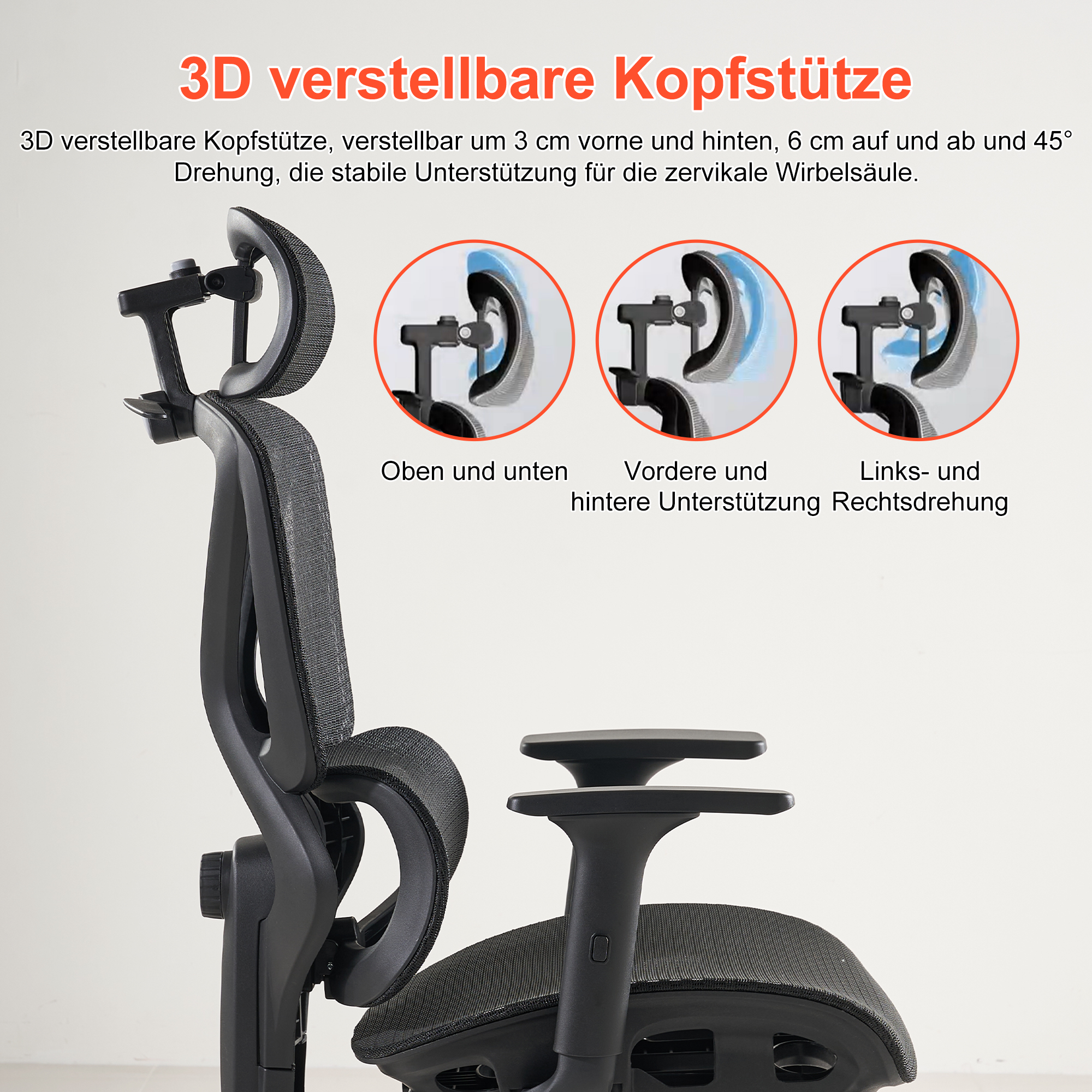 Silla de oficina negra con reposacabezas 3D ajustable e imágenes detalladas.