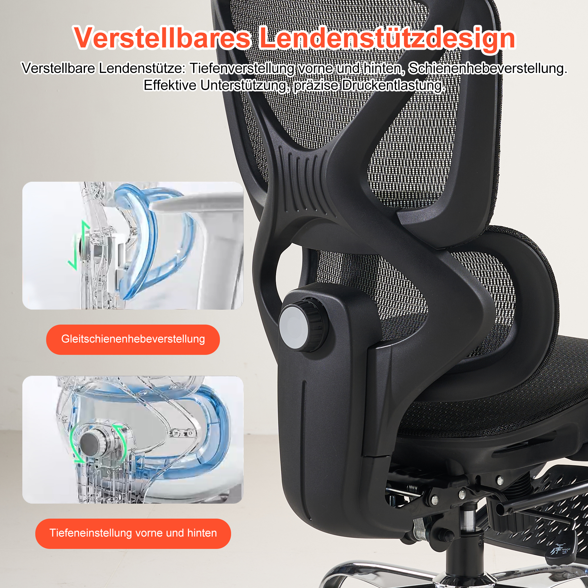 Silla de oficina negra con soporte lumbar ajustable y primeros planos detallados.