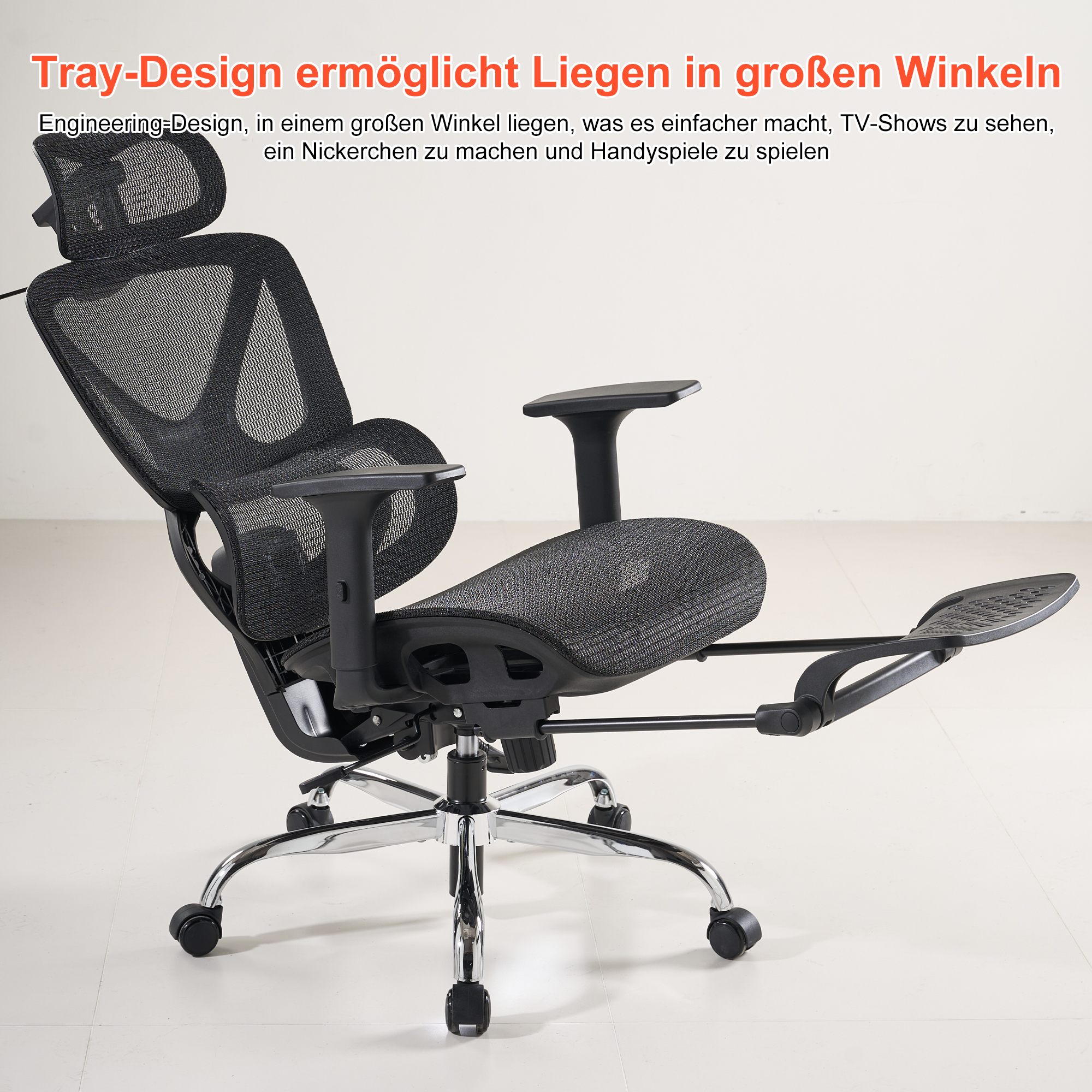 Una silla de oficina negra con respaldo reclinable y reposapiés extensible.