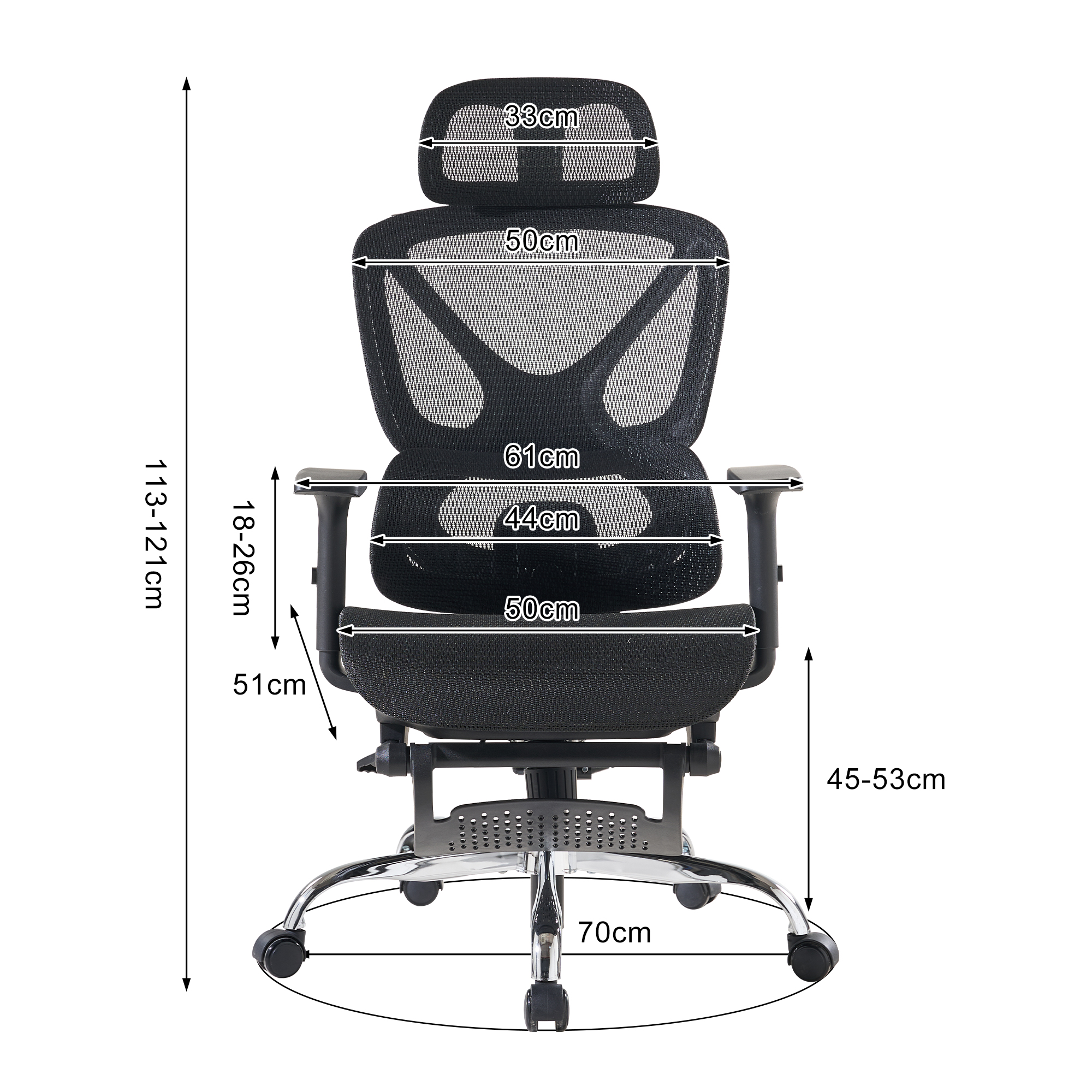 Una silla de oficina negra con ruedas y marcas de medidas.