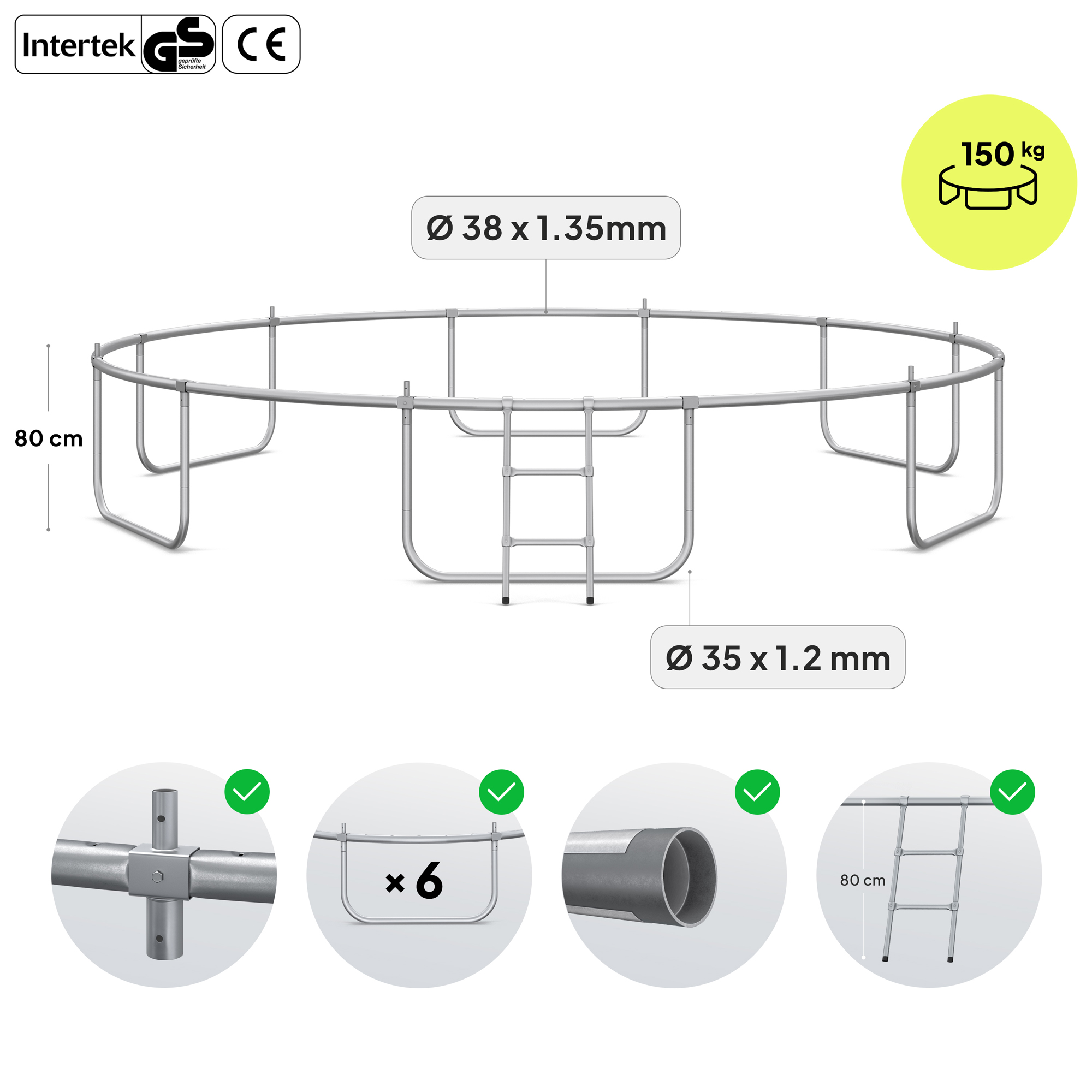 Trampolinrahmen mit Sicherheitszertifikaten und Maßen. 80cm hoch.