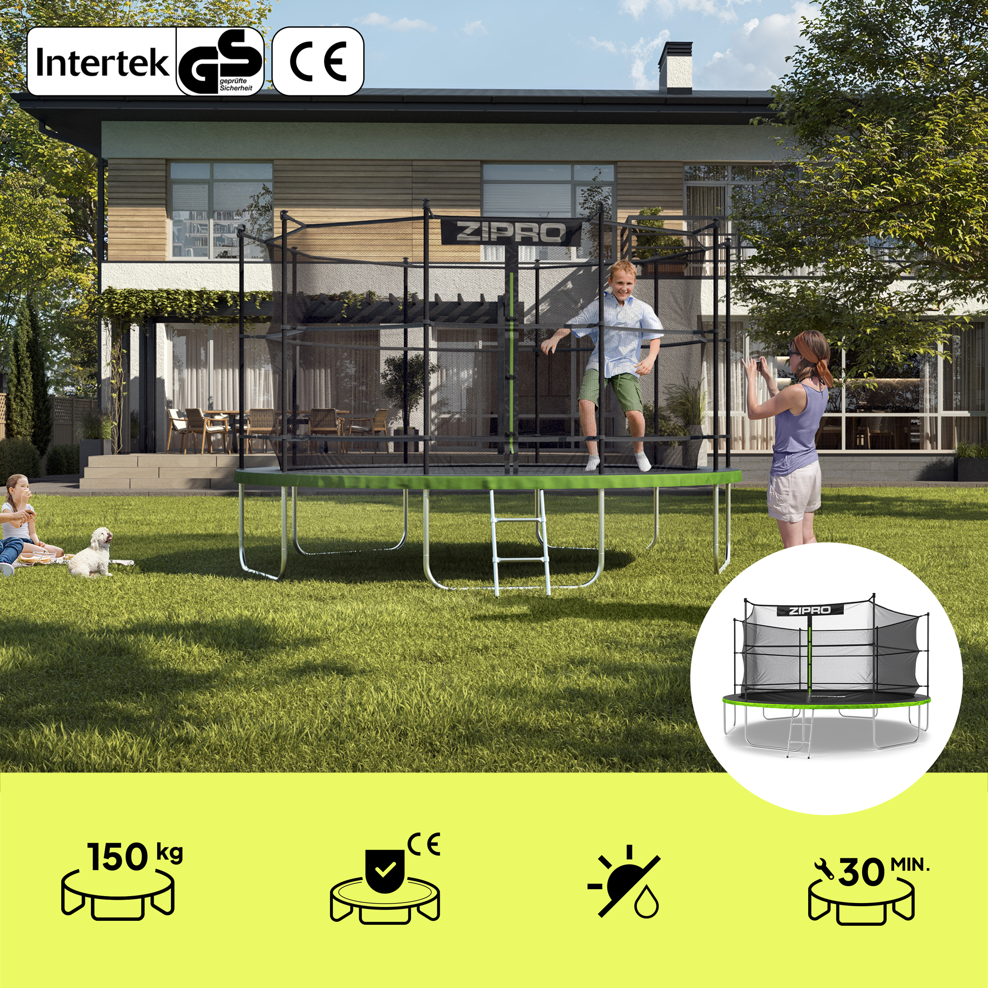 Trampolin im Garten mit springendem Jungen und fotografierender Frau.